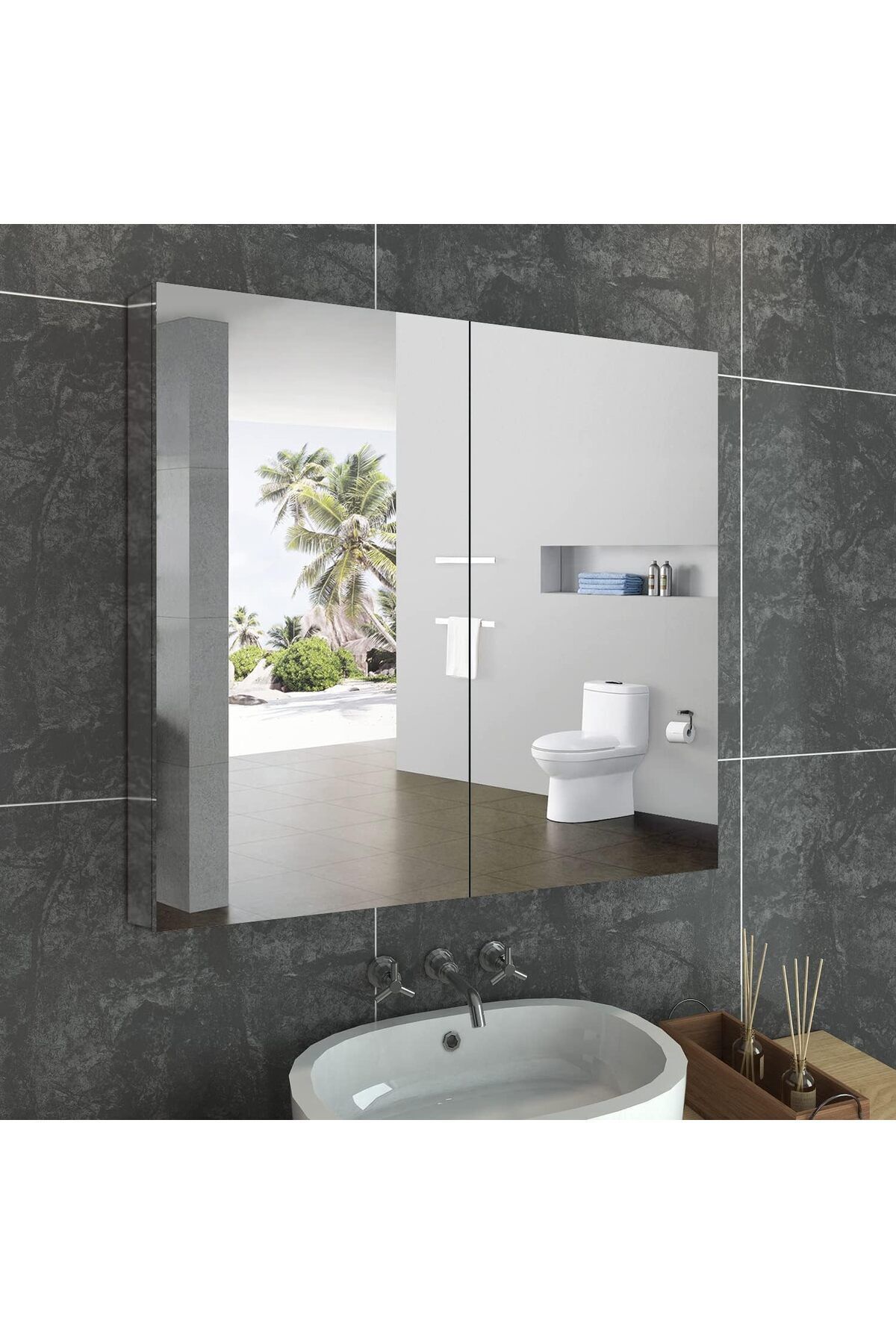 TETTO ELAGANTE Çok Amaçlı Aynalı Banyo Dolabı 70x70 Beyaz Renk Lake