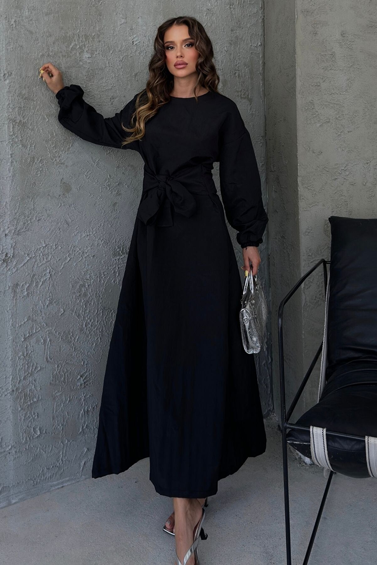 Know Kadın Siyah Beli Kendinden Kuşaklı Elbise | ₺199