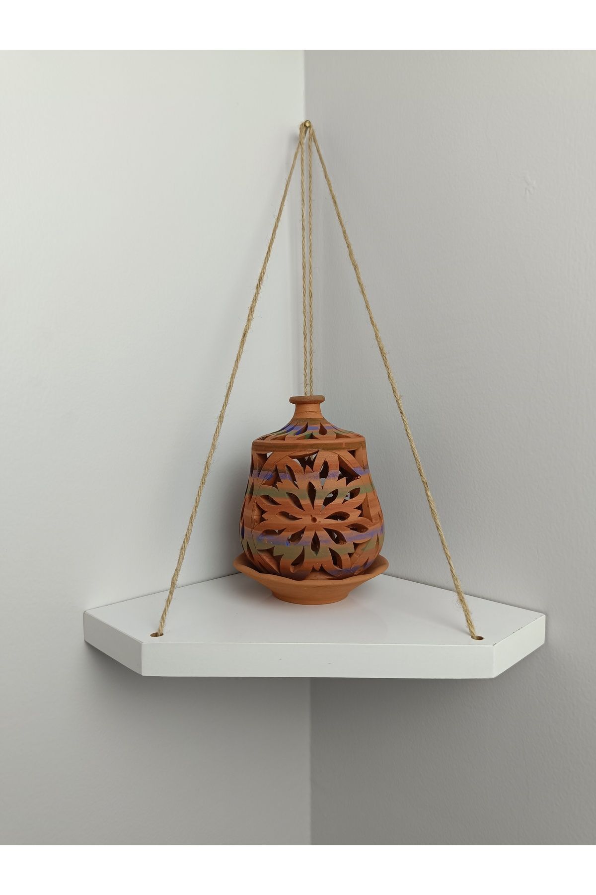 STEELWOODEN Dekoratif Ahşap Halatlı Köşe Duvar Rafı , Ahşap Duvar Rafı , Kitaplık & Çiçeklik - Beyaz-20X20