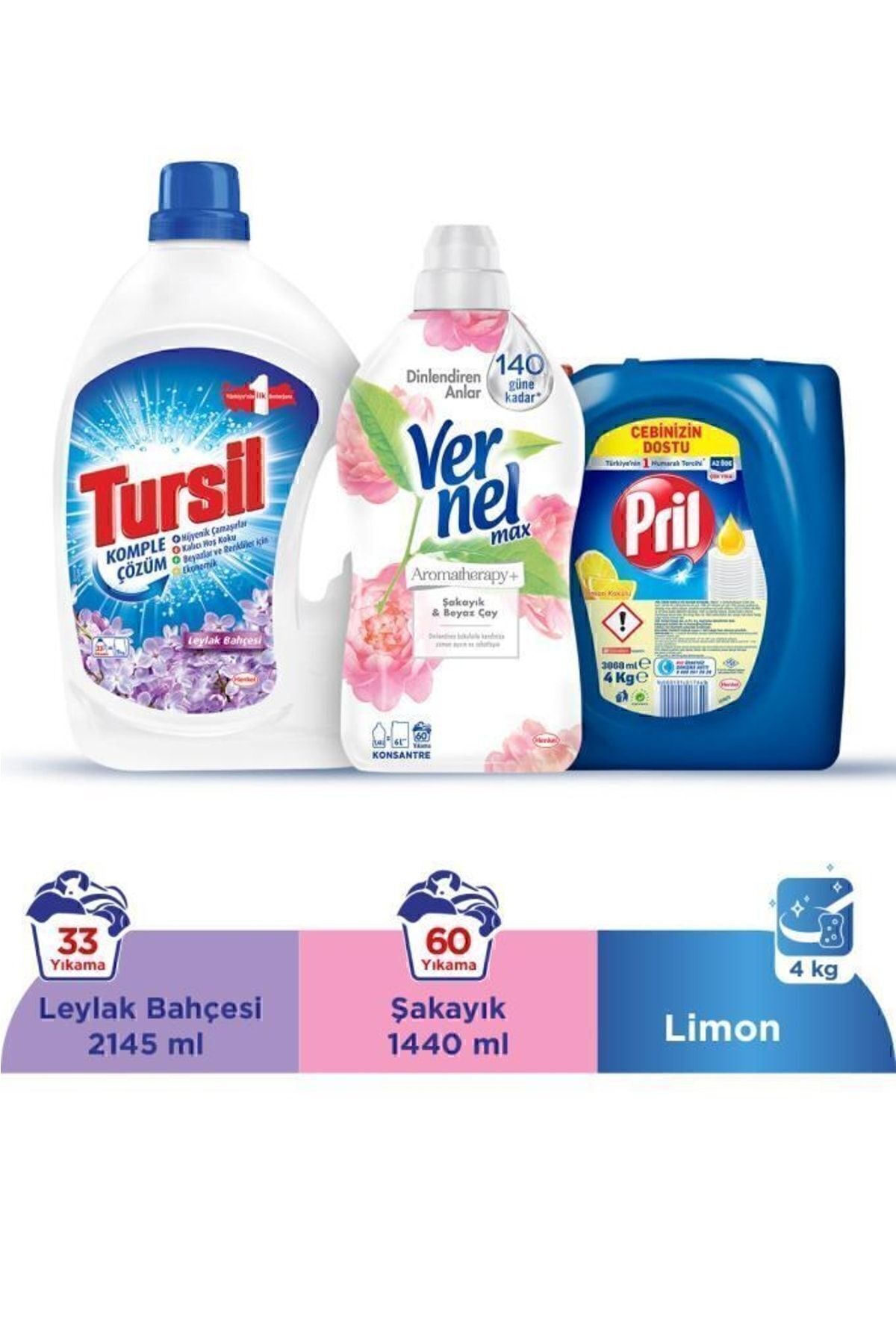 Tursil Sıvı Ç. Deterjanı 2145ml Leylak Vernel Yumuşatıcı 1,44l Şakayık Pril B. Deterjan 4kg Limon