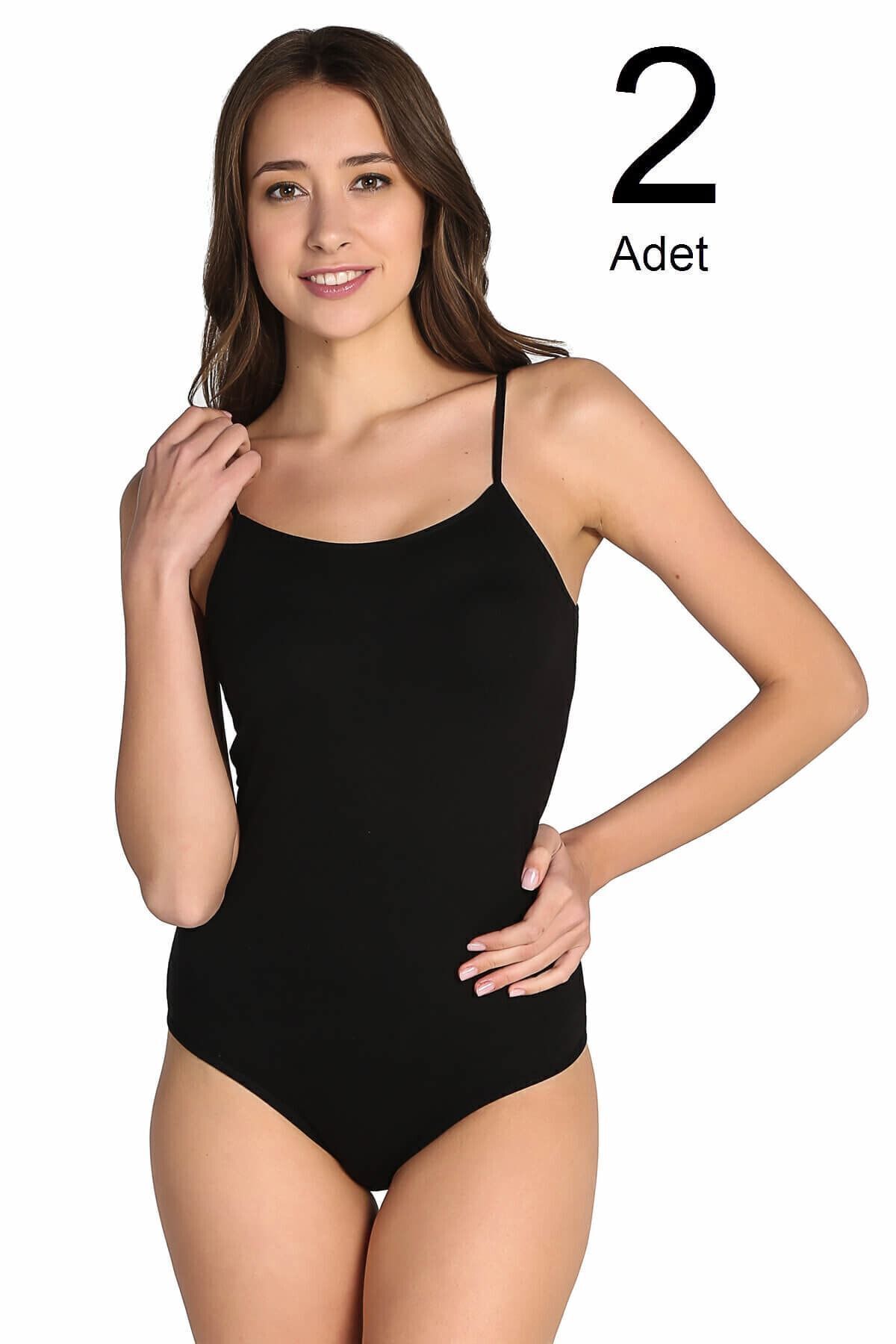 Tutku Kadın Siyah 2'Li Paket İp Askılı Likralı Kancalı Çıtçıtlı Body