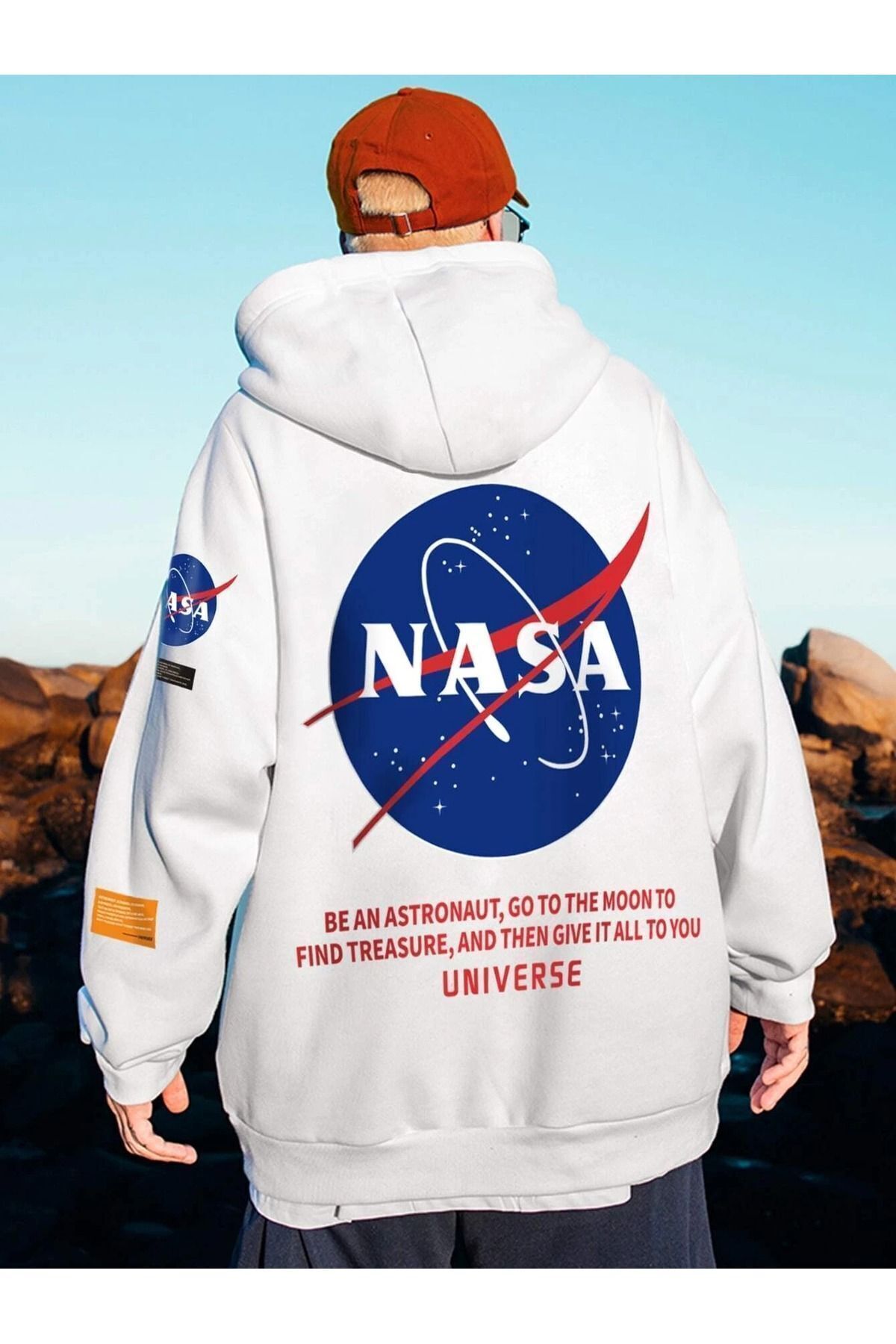 Trendseninle Unisex Beyaz Nasa Logo Baskılı Oversize Sweatshirt