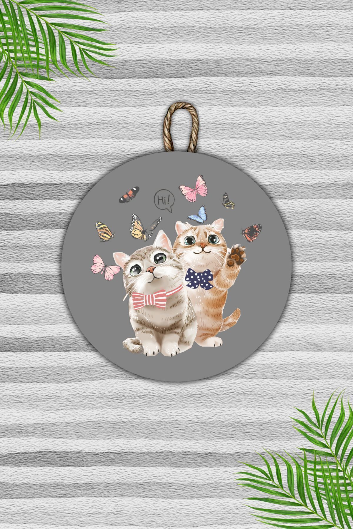 Dormot Home Modern Ahşap Kapı Süsü - Gri Zemin Hi Kedi, Cat Kapı Süsü - Dış Mekan Kapi Susu