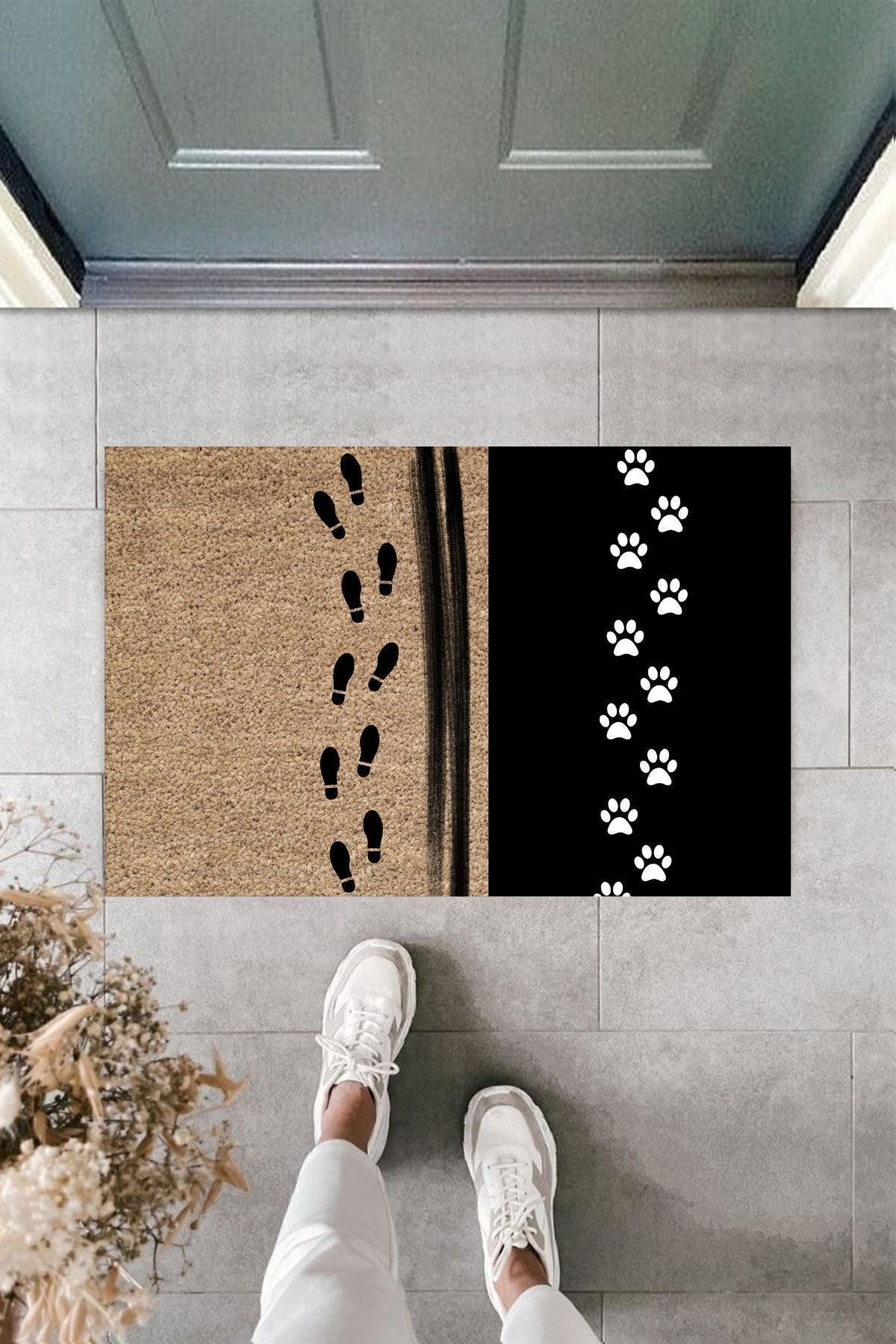 Dormot Home Modern Dijital Baskı - Insan Ayak Ve Köpek Pati Izi - Dekoratif Kapı Önü Paspası