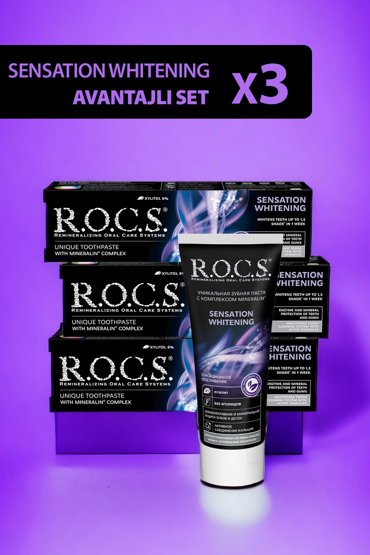 R.O.C.S. Rocs Sensation Whitening Beyazlatıcı Parlatıcı Diş Macunu 60 ml X3