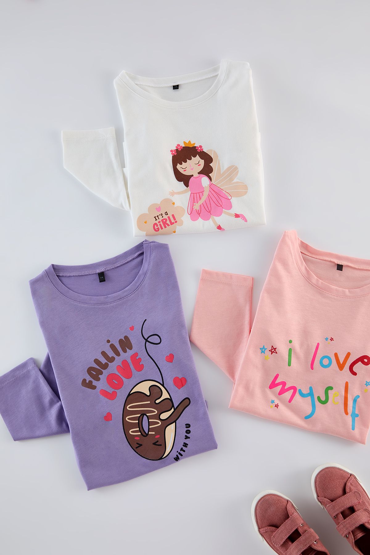 TRENDYOLKIDS Ekru-Lila-Pudra 3'lü Kız Çocuk Baskılı Pamuklu Örme T-Shirt TKDAW25TS00011