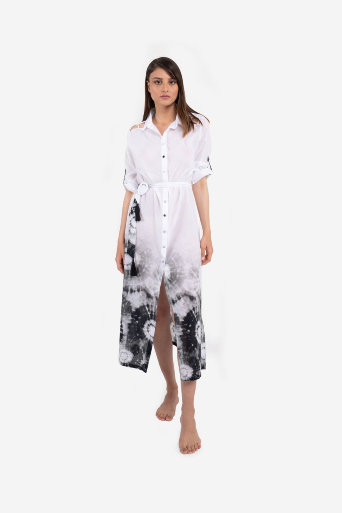 Shikka Batik Desenli El Yapımı Örgü Detaylı Uzun Pamuk Gömlek