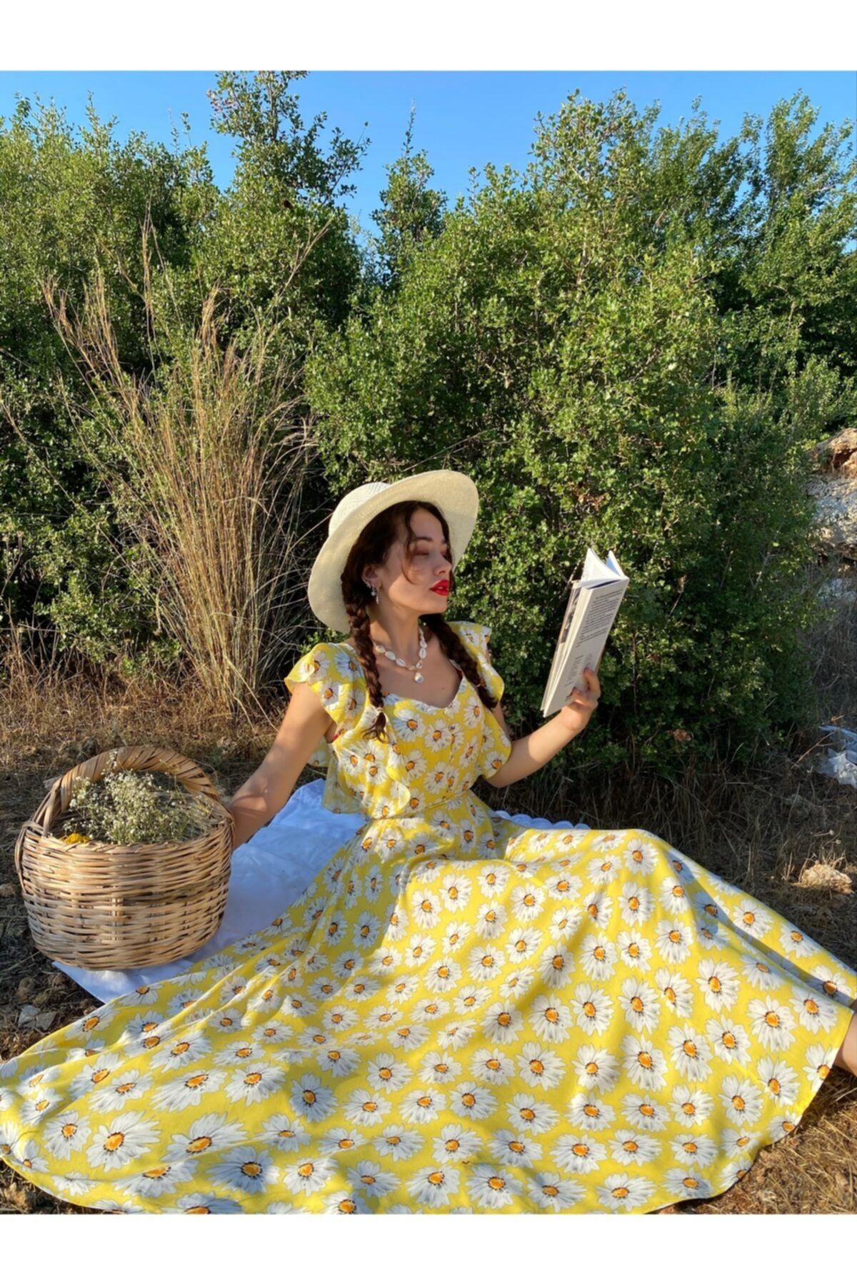 ozzıy34 Kadın Sarı Papatya Desenli Günlük Uzun Elbise