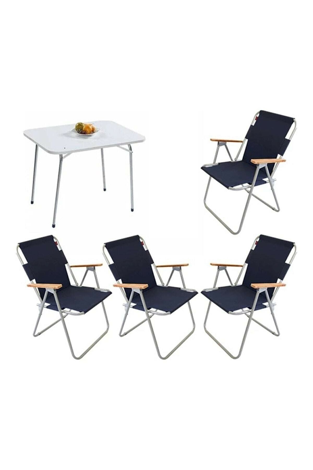 Mocca Style 60x80 Katlanır Masa + 4 Adet Lacivert- Mavi Kamp Sandalyesi Katlanır Sandalye