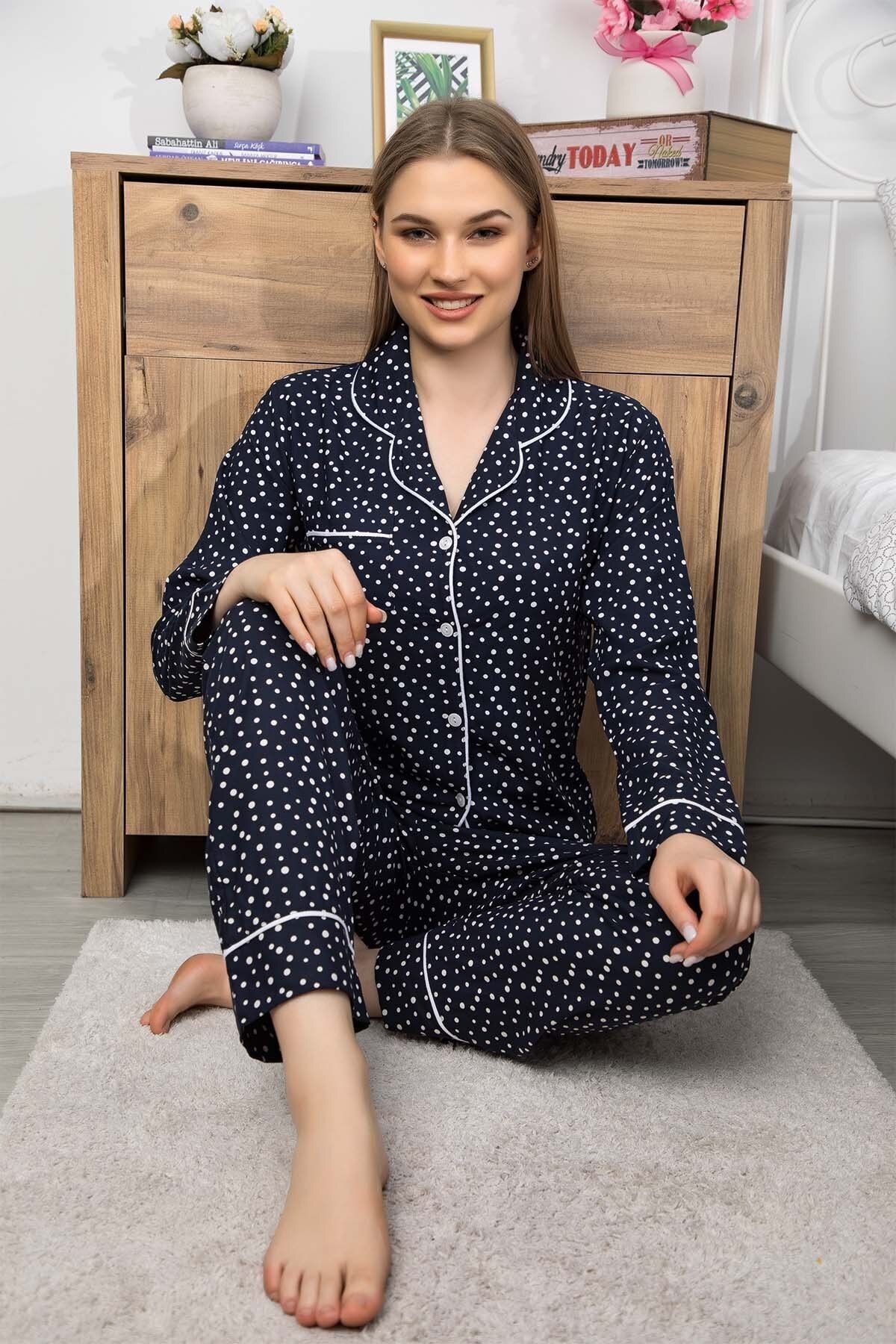 Maries Kadın Lacivert Desenli Uzun Kol Pijama Takımı 60367