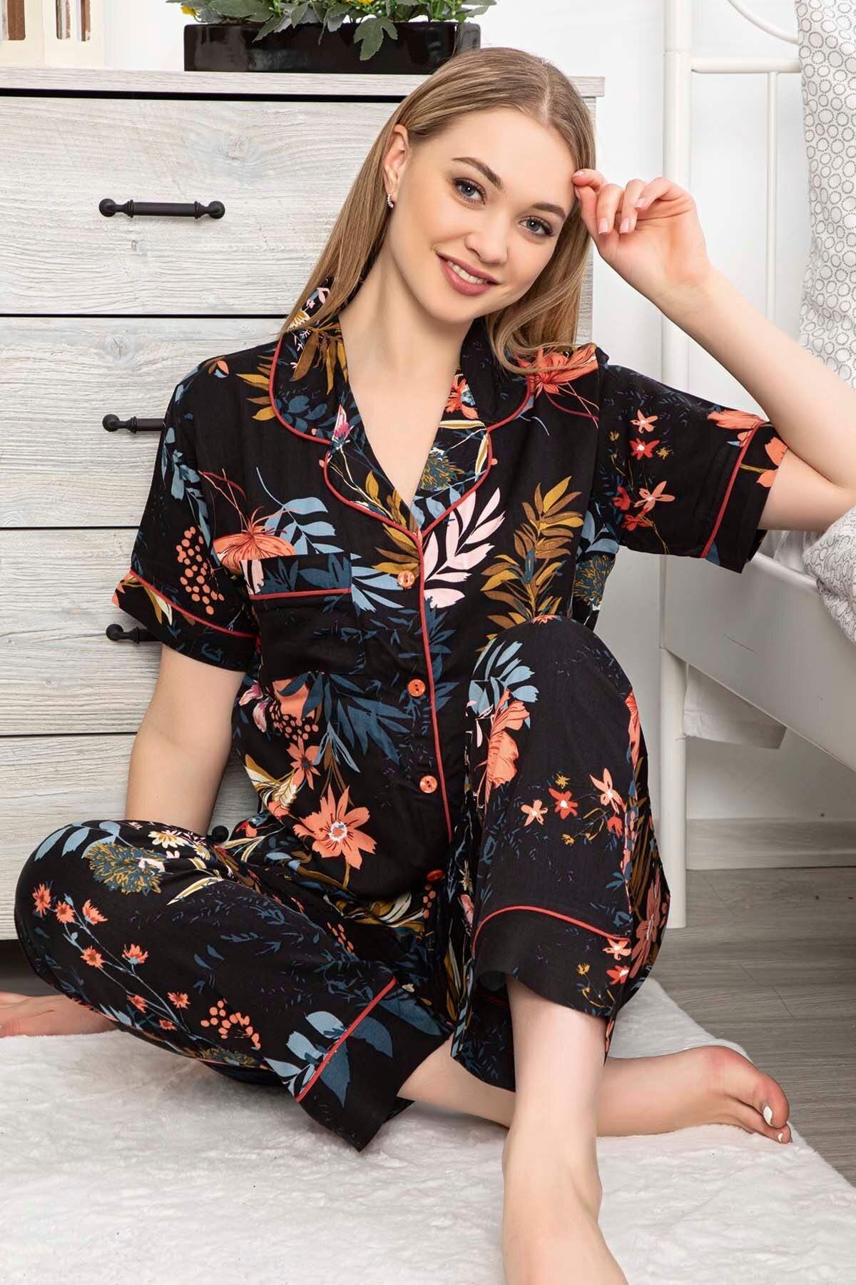 Maries Kadın Siyah Desenli Kısa Kol Pijama Takımı 60378