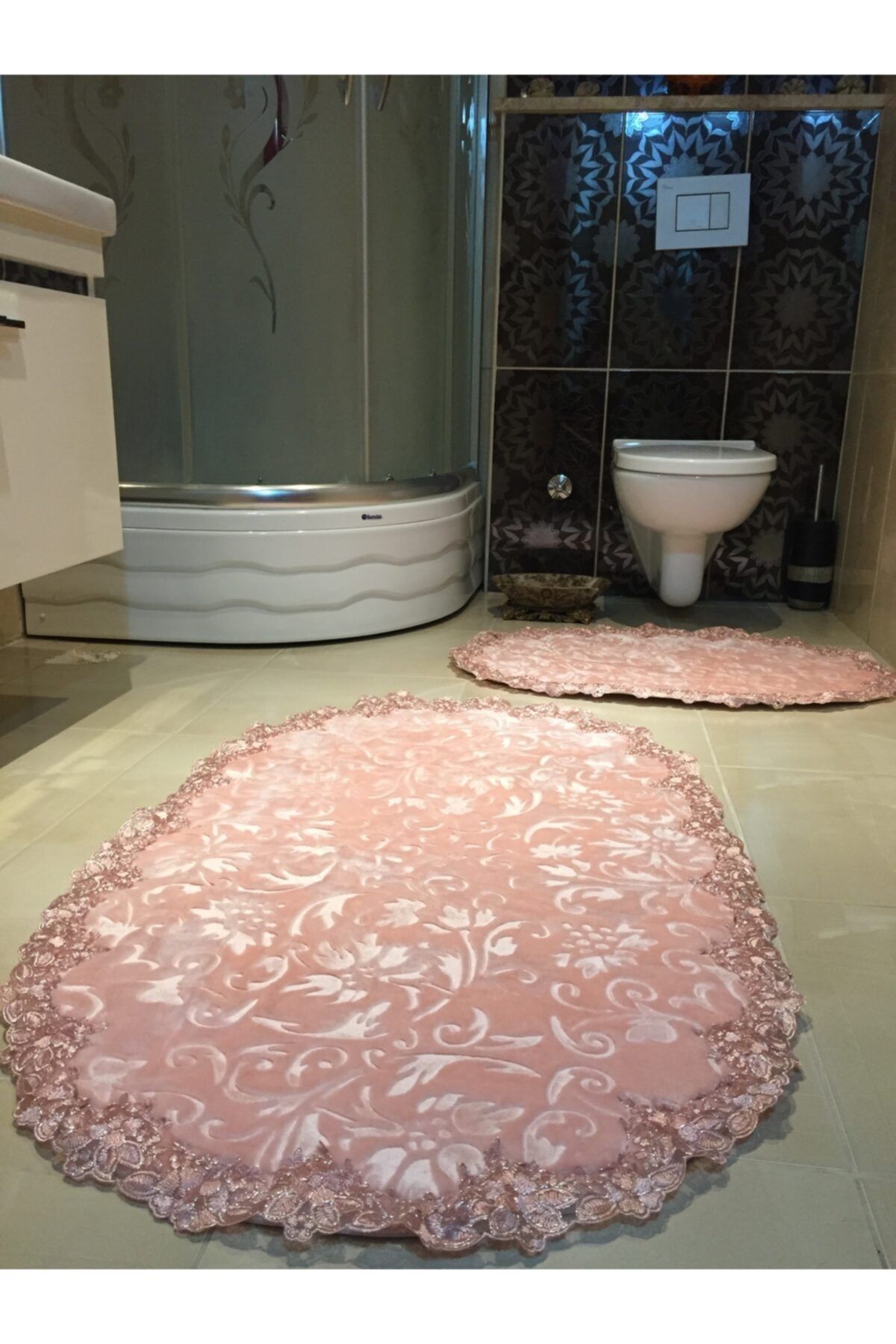 Bonny Home Peluş Lux Oval Pudra 2li Çeyizlik Fransız Dantelli Güpürlü Klozet Takımı Banyo Paspas Seti