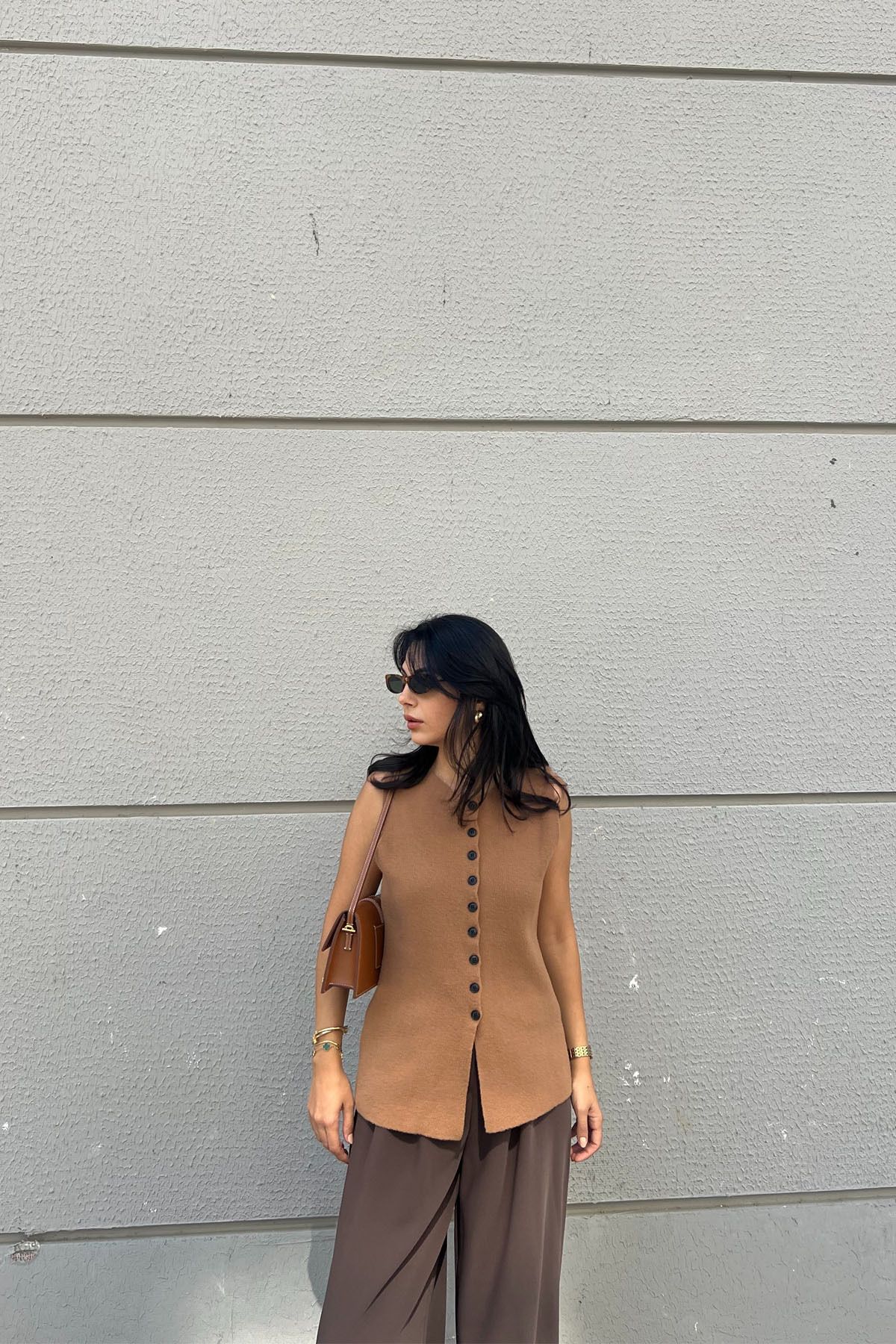 Seda Yalçın Atelier Camel Düğmeli Sıfır Kol Yelek