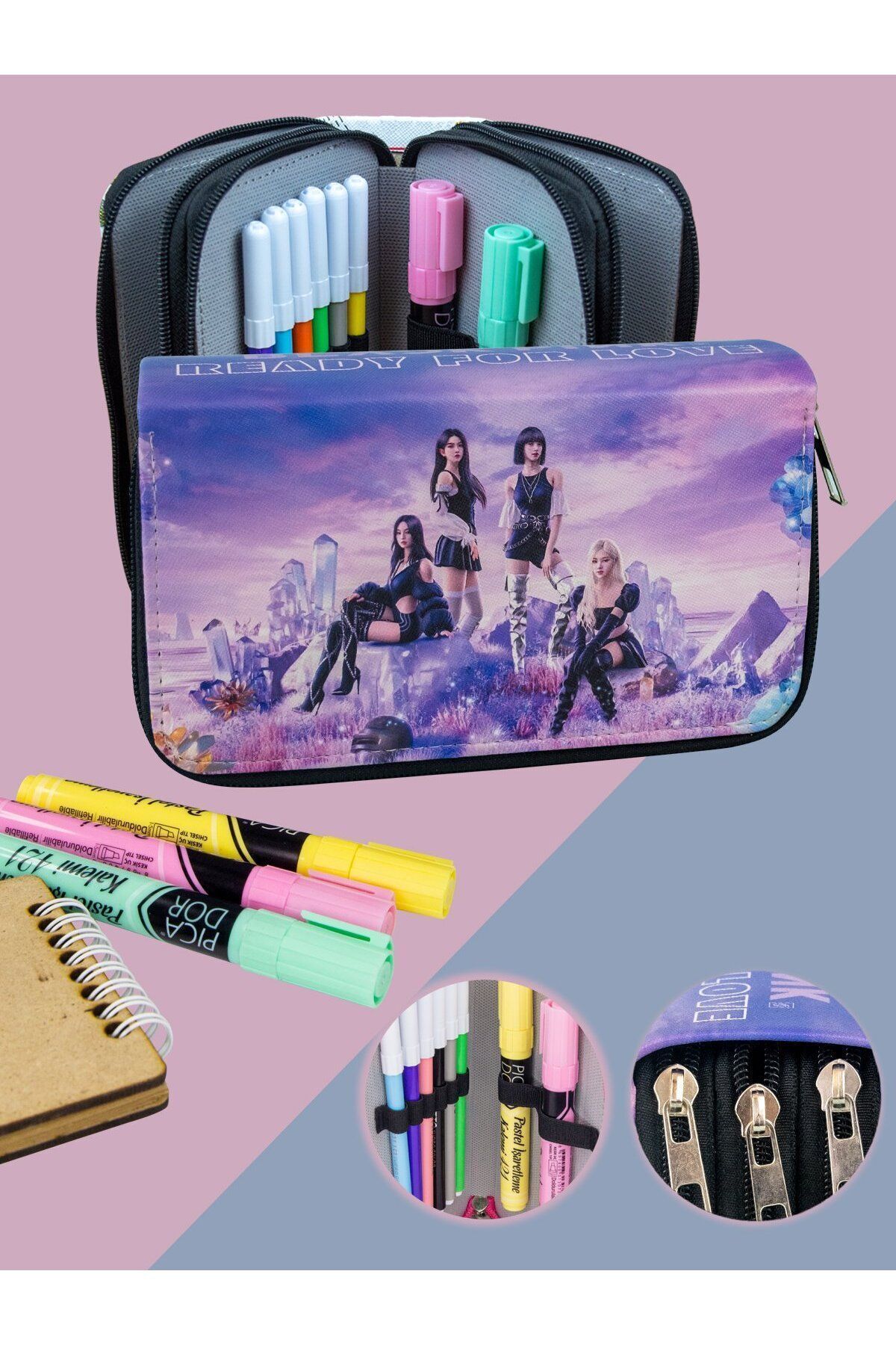 OneSize Kalem Kutusu Black Pink Pink Vomen Temalı Orginazer Üç Bölmeli Vegan Deri (Kalemlik)