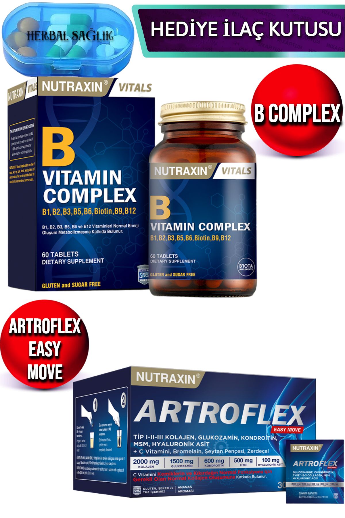 Nutraxin B Complex 60 Adet Vitamin Tablet + Nutraxin Artroflex Easy Move 30 Adet Saşe