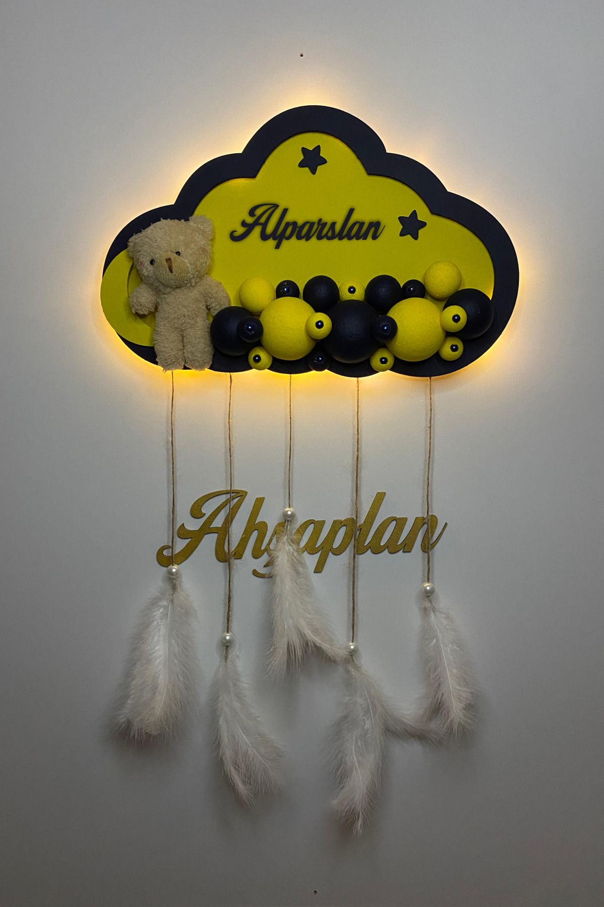 Ahşaplan Bubble Ledli Sarı Lacivert Bulut Bebek Kapı Süsü | Bebek Odası Takım Duvar Süsü