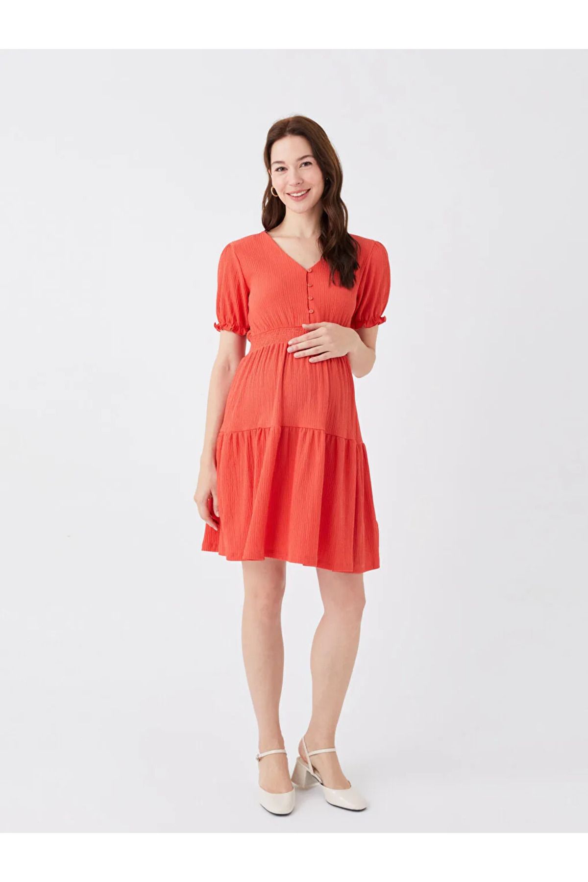 LC Waikiki LCWAIKIKI Maternity Koyu Mercan V Yaka Düz Kısa Kollu Krinkle Hamile Elbise