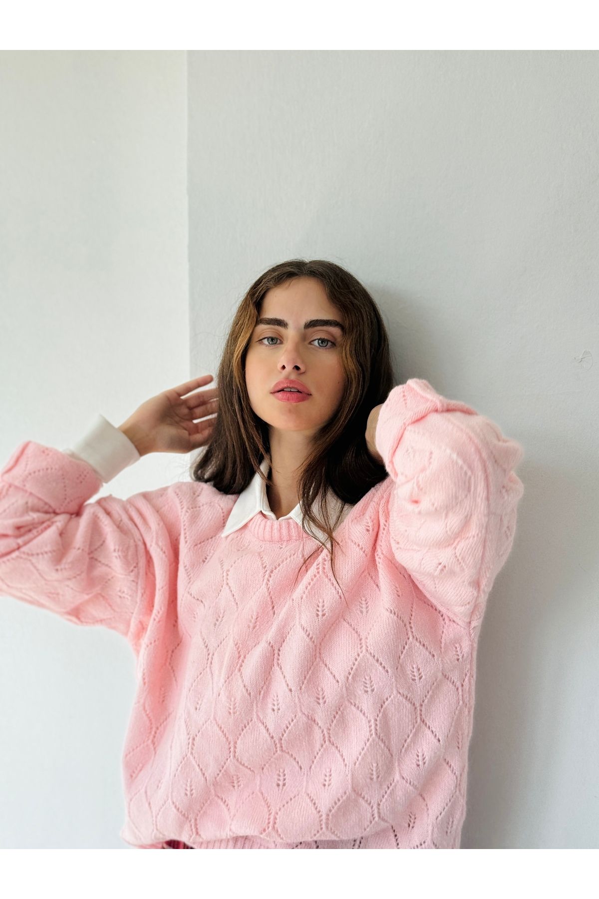 Retrobird Ajurlu Retro Desen Örme Basic Triko Kazak Kadın Pembe