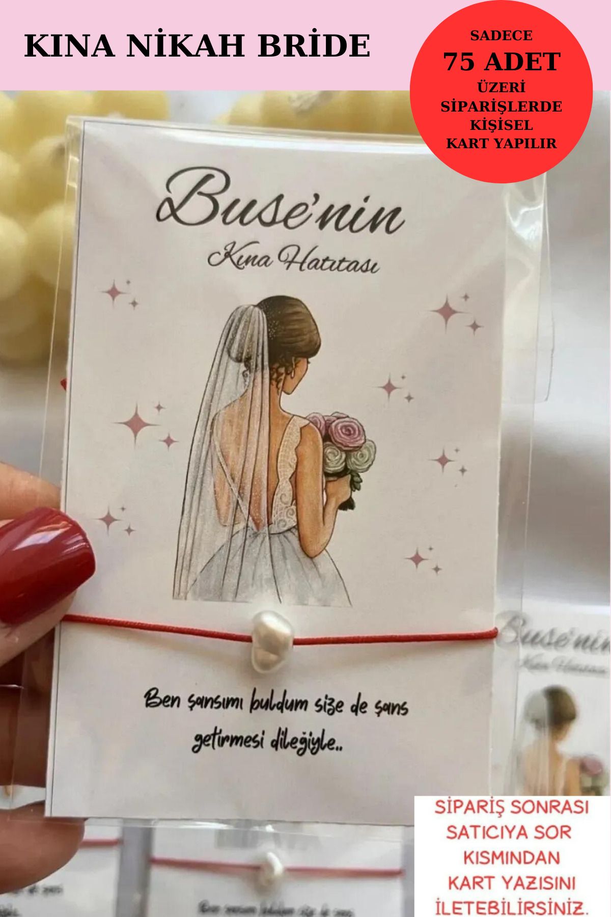  Emtory Home 25 Adet Beyaz Gelinlik Model - Kişiye Özel Şans Bilekliği - Kına Hediyesi - Nikah Hediyesi