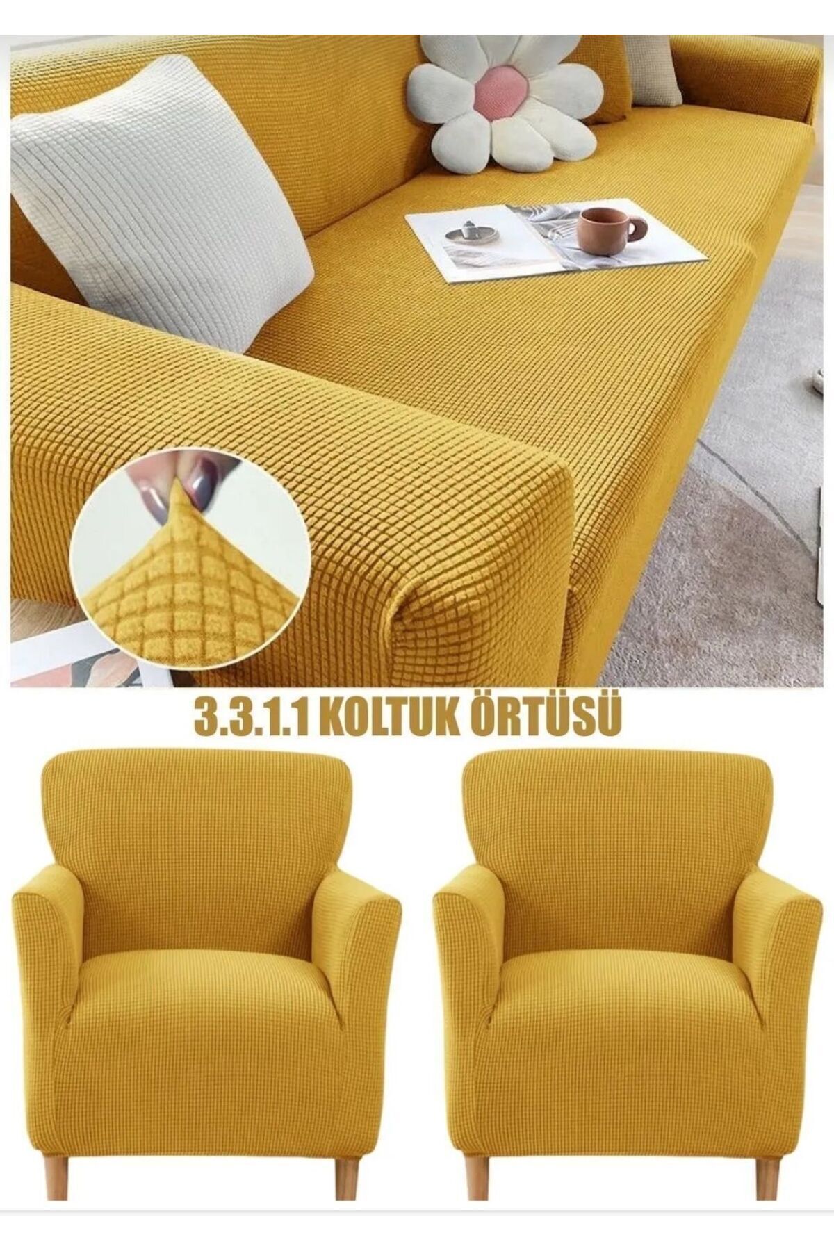 Güzel Aral 3+3+1+1 Likrali Kare Desen Esnek Yikanabilir Koltuk Örtüsü Takımı Koltuk Takımı