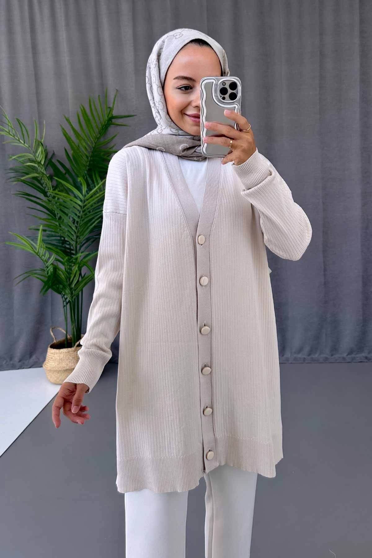 Ka Hijab Button Fitilli Merserize Tesettür Hırka - Taş