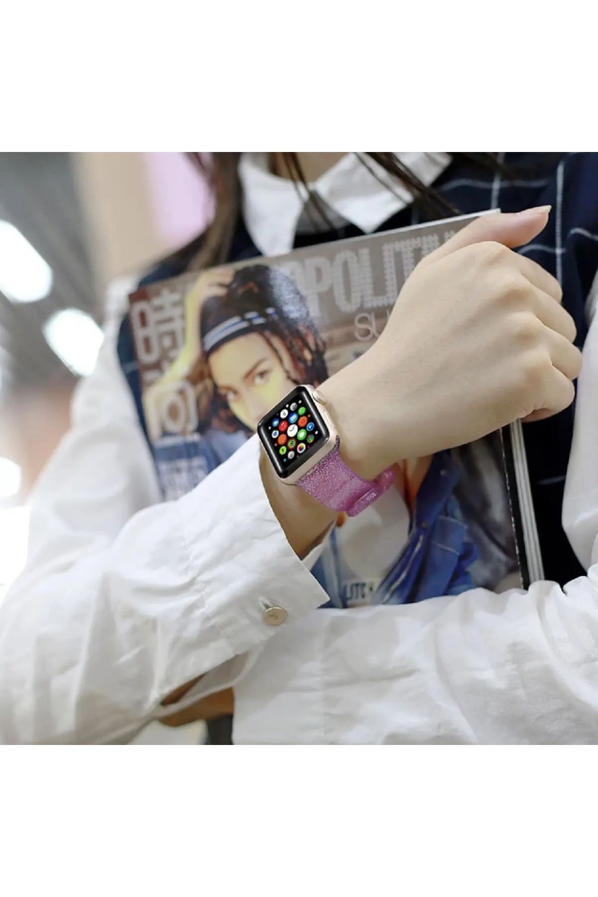 Bushco Store Apple Watch Uyumlu Parıltılı Simli Şeffaf Kordon 42-44-45-49 Mm