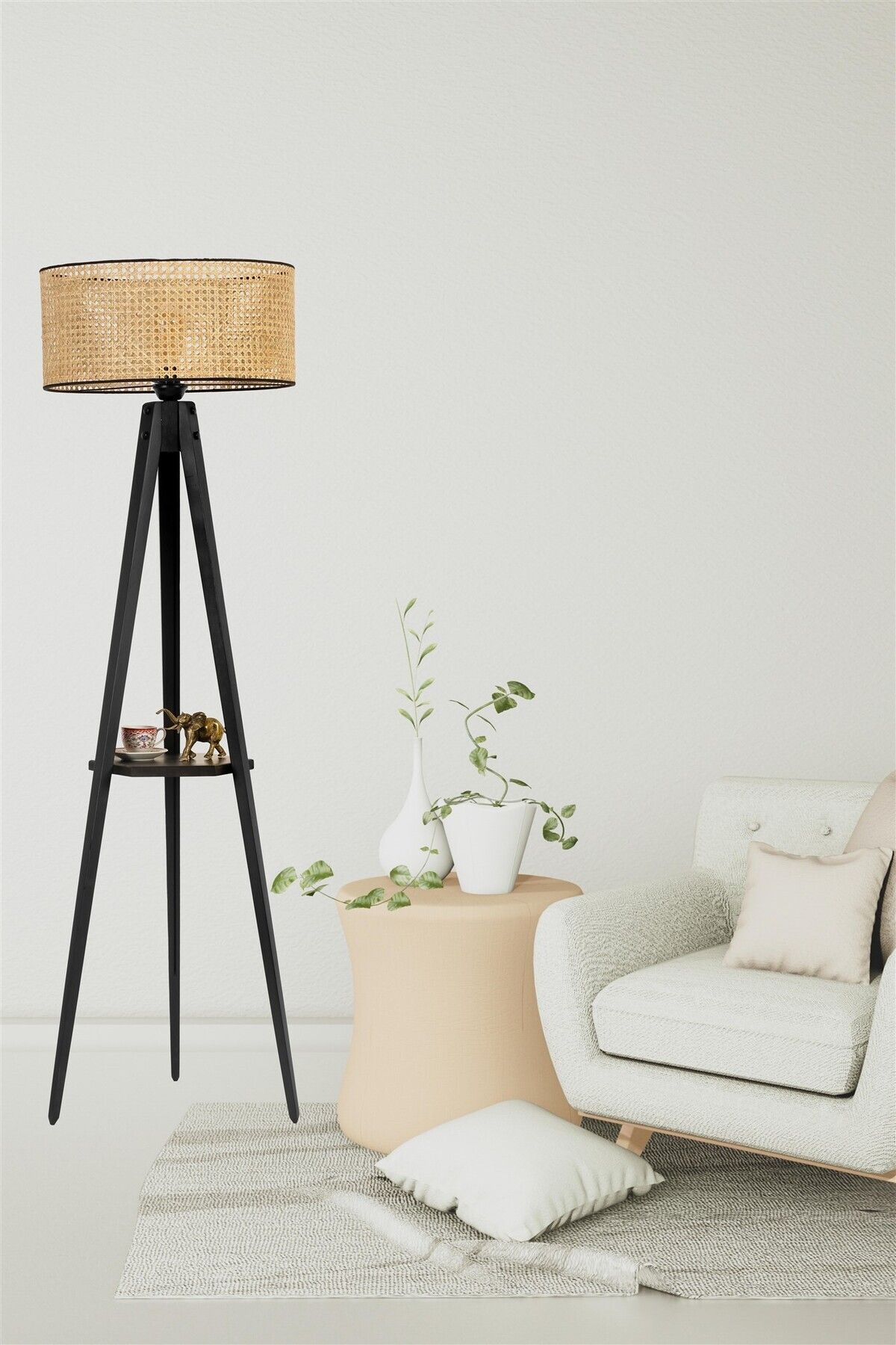 Lumexx SEHPALI TRİPOD SİYAH SİLİNDİR RATTAN ABAJURLU LAMBADER