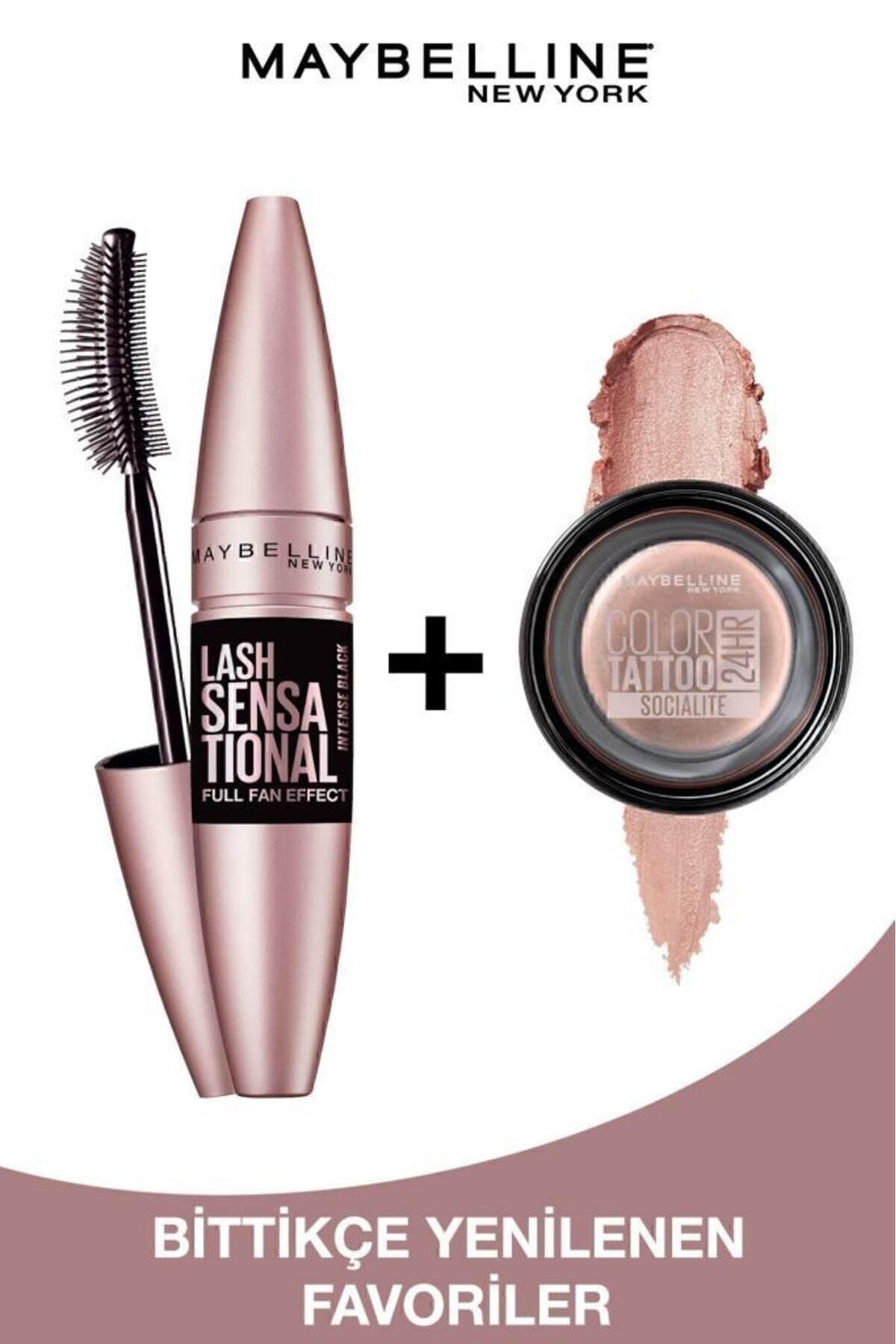 Maybelline New York Lash Sensational Yelpaze Etkili Ekstra Siyah Maskara & Color Tattoo 24hr Krem Göz Farı 150 Socialite