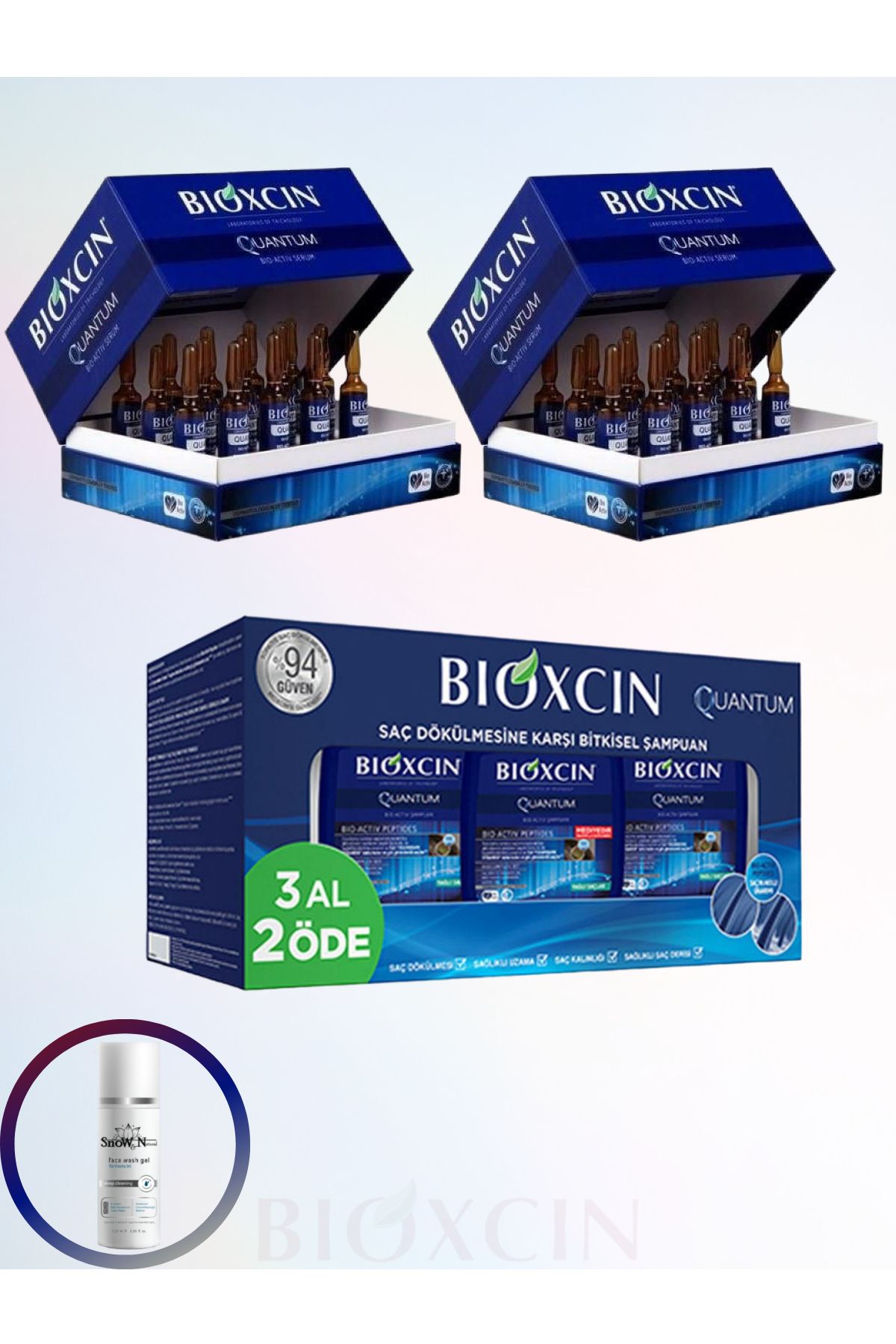 Bioxcin Quantum Şampuan Yağlı Saçlar İçin 3x300ml(1ADET) +Quantum Serum 6 mlx15(2ADET)1X100ML YÜZ YIKAMA JEL
