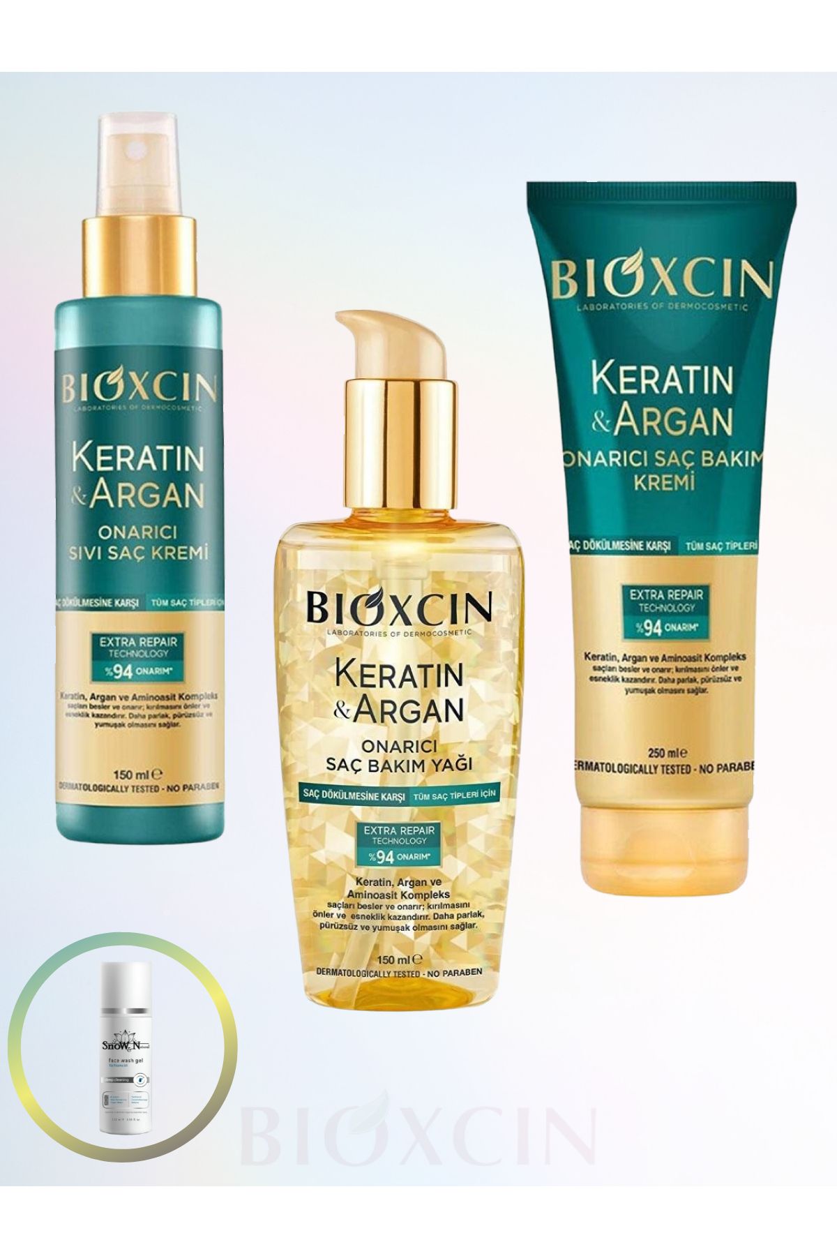 Bioxcin Keratin & Argan 1 ADET SIVI SAÇ KREMİ-1 ADET SAÇ YAĞI-1 ADET BAKIM KREMİ-1 ADET YÜZ TEMİZLEME JELİ
