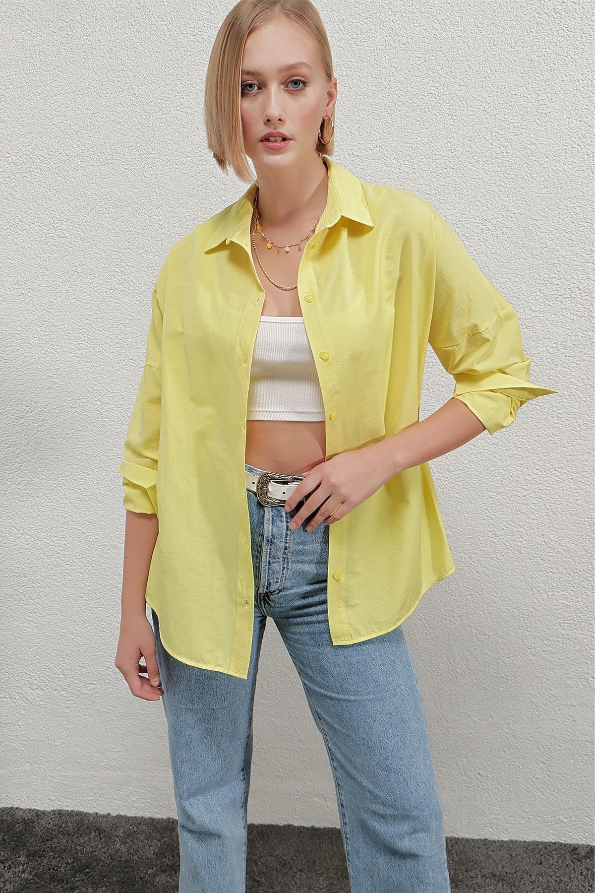hazelin Kadın Sarı Oversize Uzun Basic Gömlek Hzl22w-bd139001