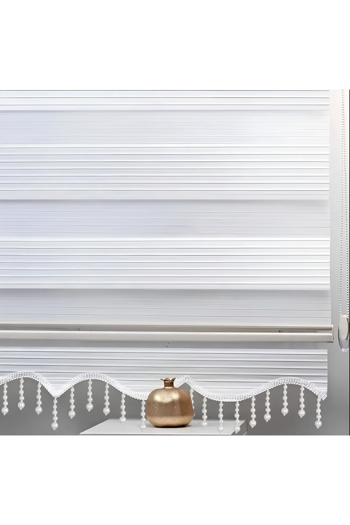 Kidmex Beyaz Piliseli Boncuklu Kumaş Zebra Stor Perde