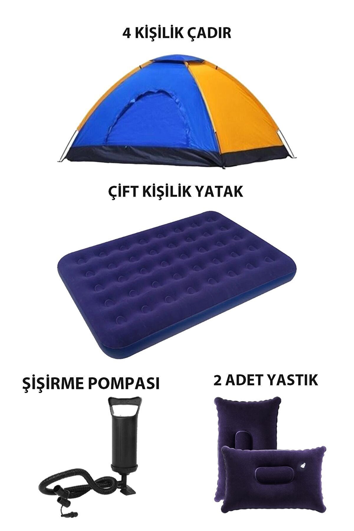 Onetick 4 Kişilik Kamp Çadırı Çift Kişilik Şişme Yatak 2 Şişme Yastık Kamp Seti