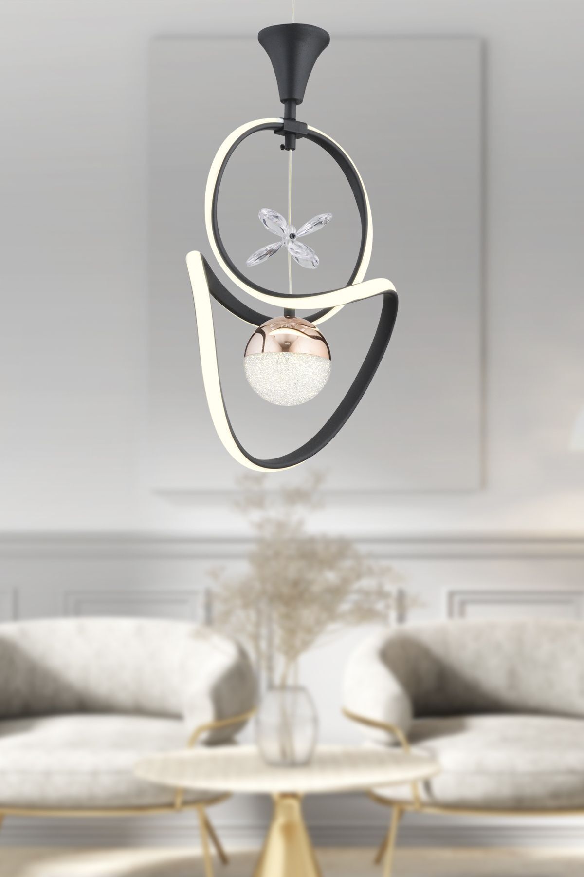Apliqa Ulya Tekli Siyah Bakır 3 Renkli 30 Watt Ledli Modern Oturma Odası, Koridor, Salon Led Avize