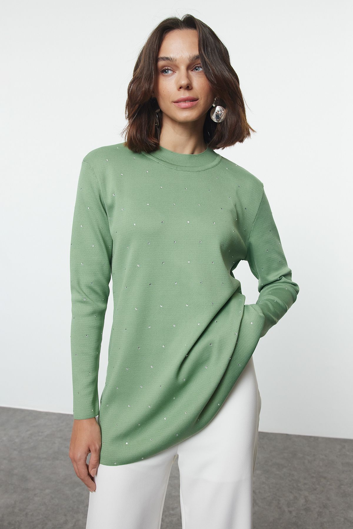 TRENDYOL MODEST Mint Taş Aksesuarlı Triko Kazak TCTAW25AK00053