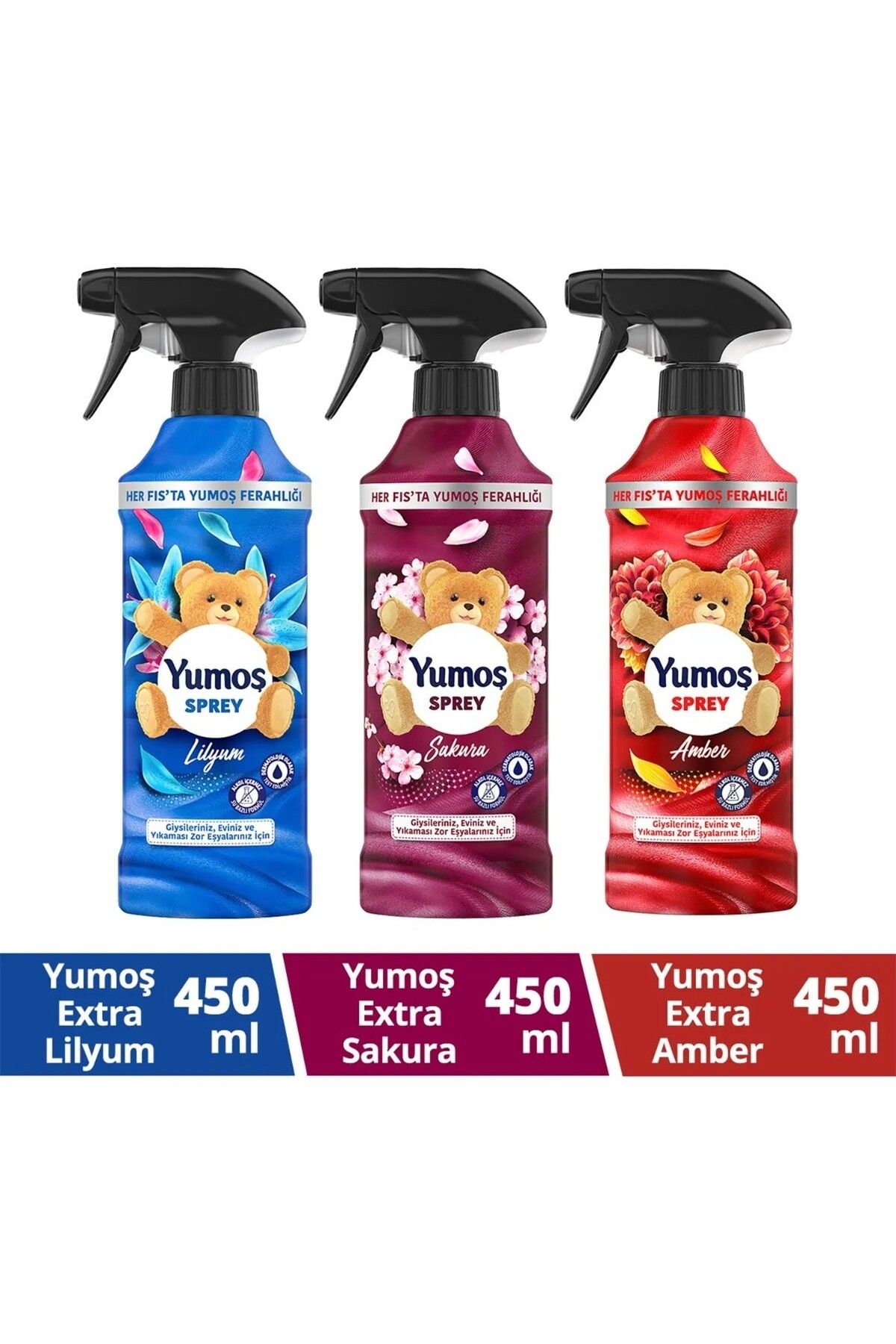 Yumoş Yumoş Sprey Sakura 450 ml x1 + Yumoş Sprey Amber 450 ml x1 + Yumoş Sprey Lilyum 450 ml x1