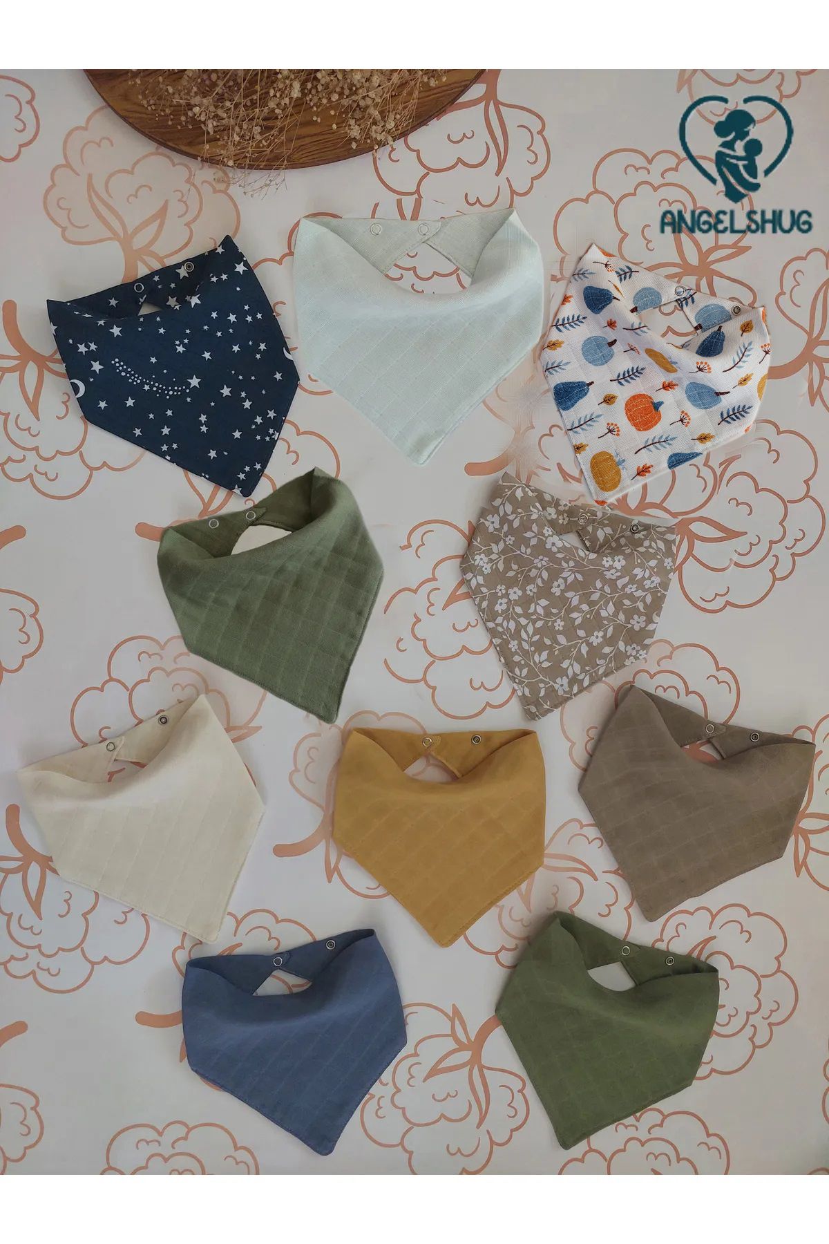 AngelsHug %100 Organik Müslin Çift Katlı Bebek Fular & Yakalık Mama Önlüğü & Salya Önlüğü Bez 10 ADET 40 CM