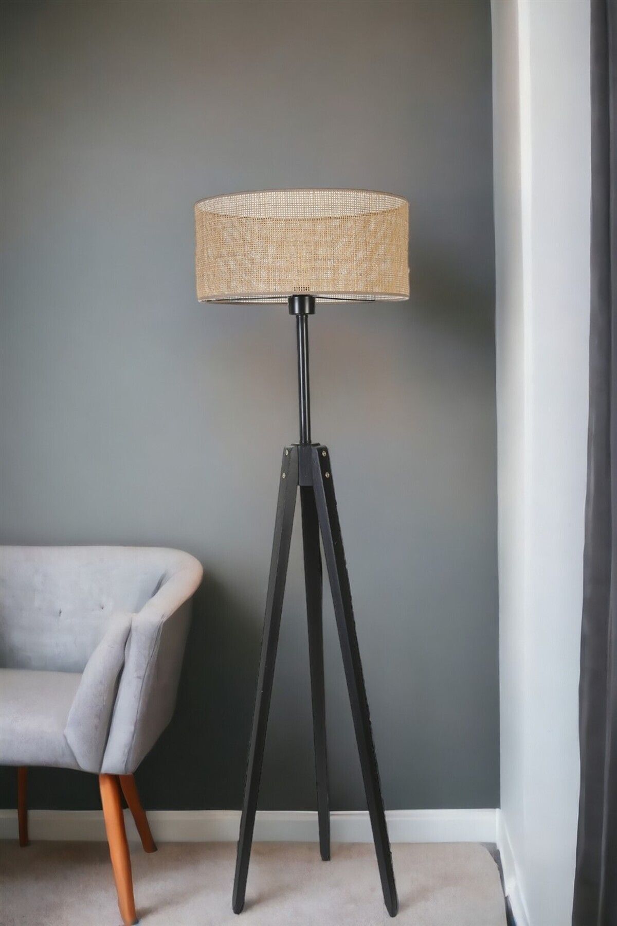 Lumexx KANARYA SİYAH LAMBADER SİLİNDİR ÖRGÜLÜ RATTAN ABAJURLU