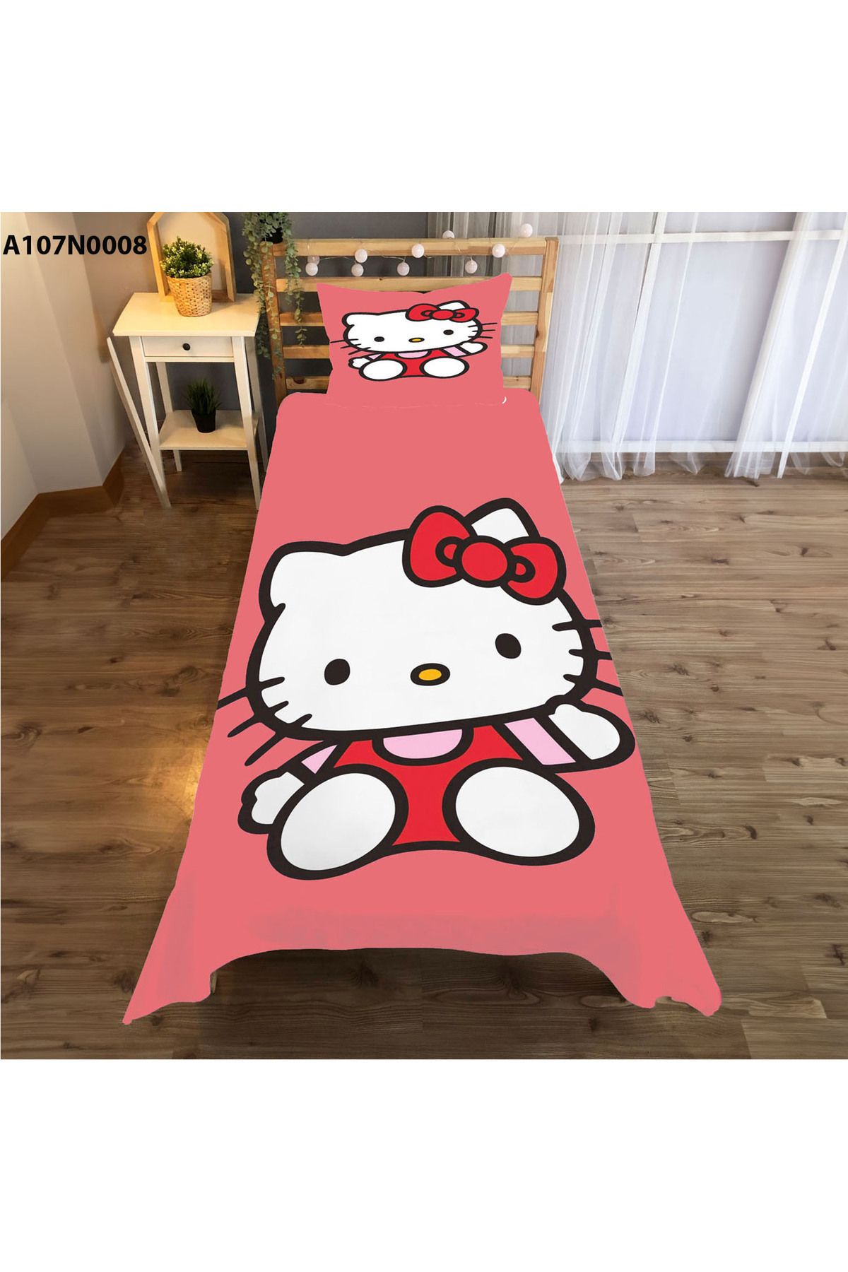 A2ZTR Hello Kitty Desenli Tek Kişilik Yatak Örtüsü ve Yastık kılıfı