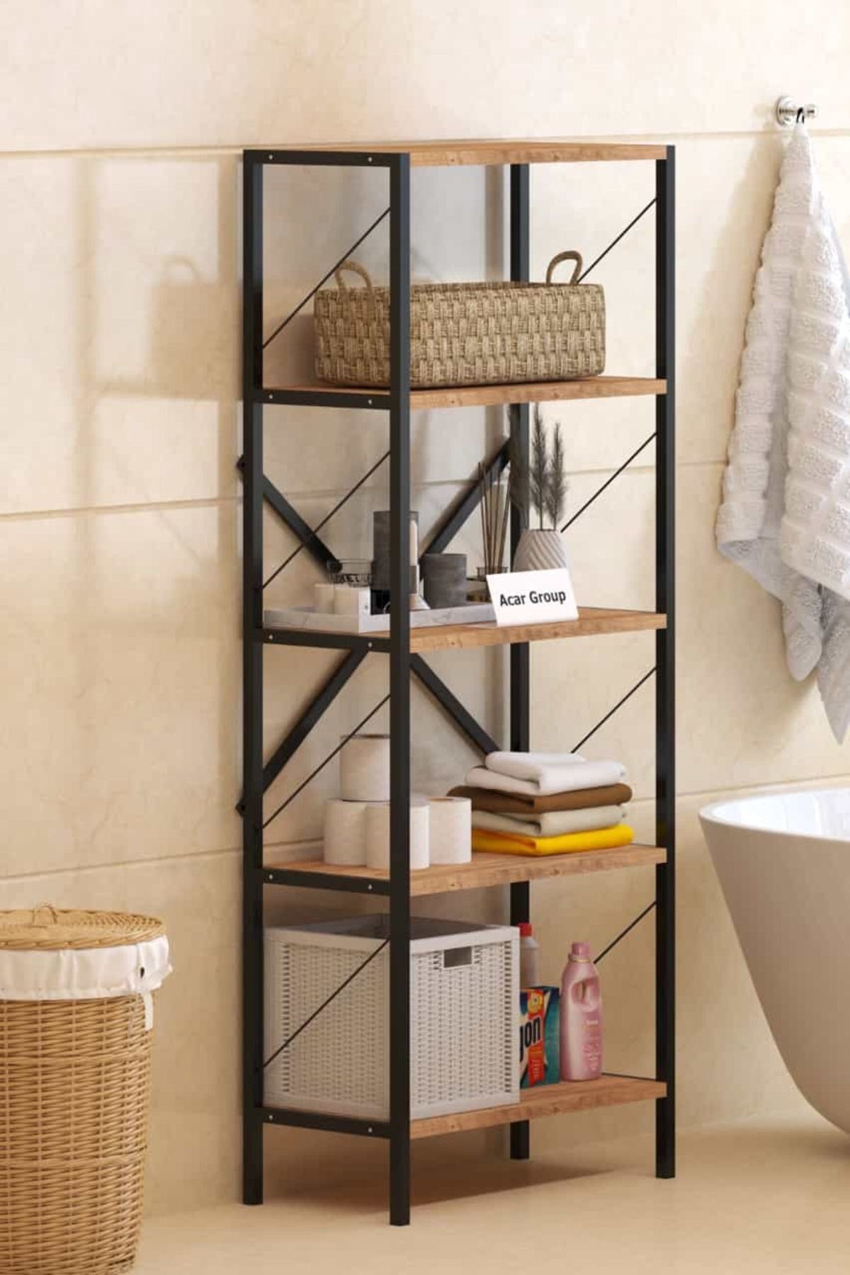 Mobigoom Metal Banyo Rafı Ünite 5 Raflı Banyo Düzenleyici Raf Deterjan Havlu Rafı 150 Cm Beyaz