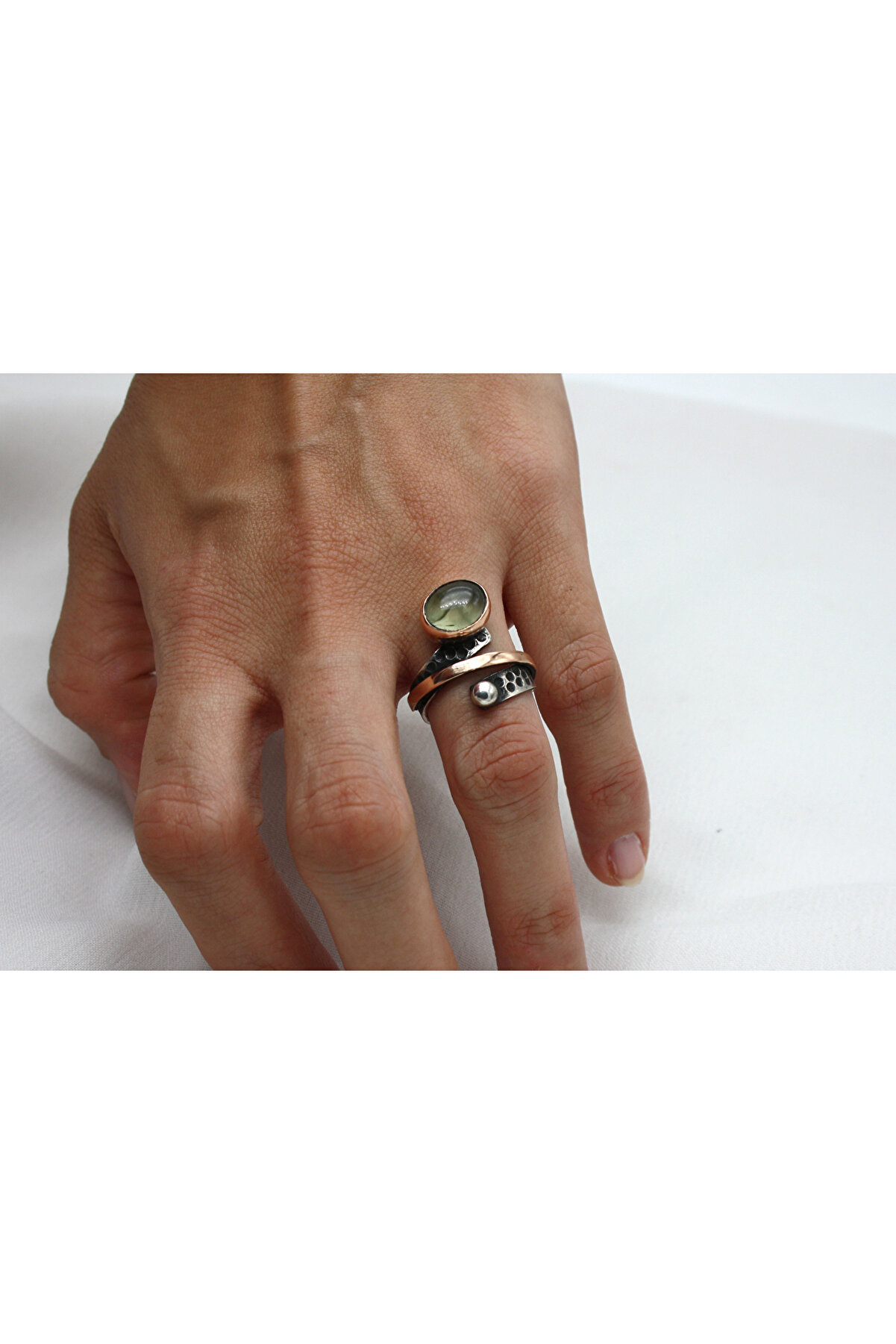 EZİLA SİLVER Otantik Prehnit Taşlı El İşi Gümüş Yüzük - Erkek Modelleri