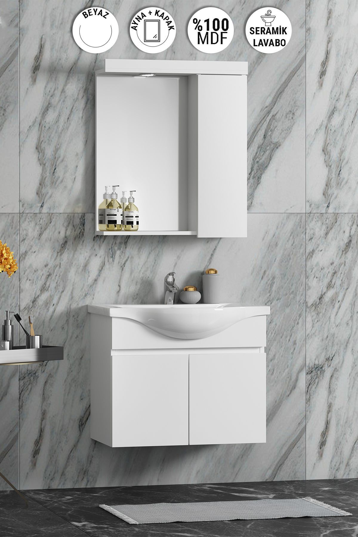 ÖZCEDEN Yıldız 55 cm Beyaz MDF Seramik Lavabolu Asma Banyo Dolabı Takımı