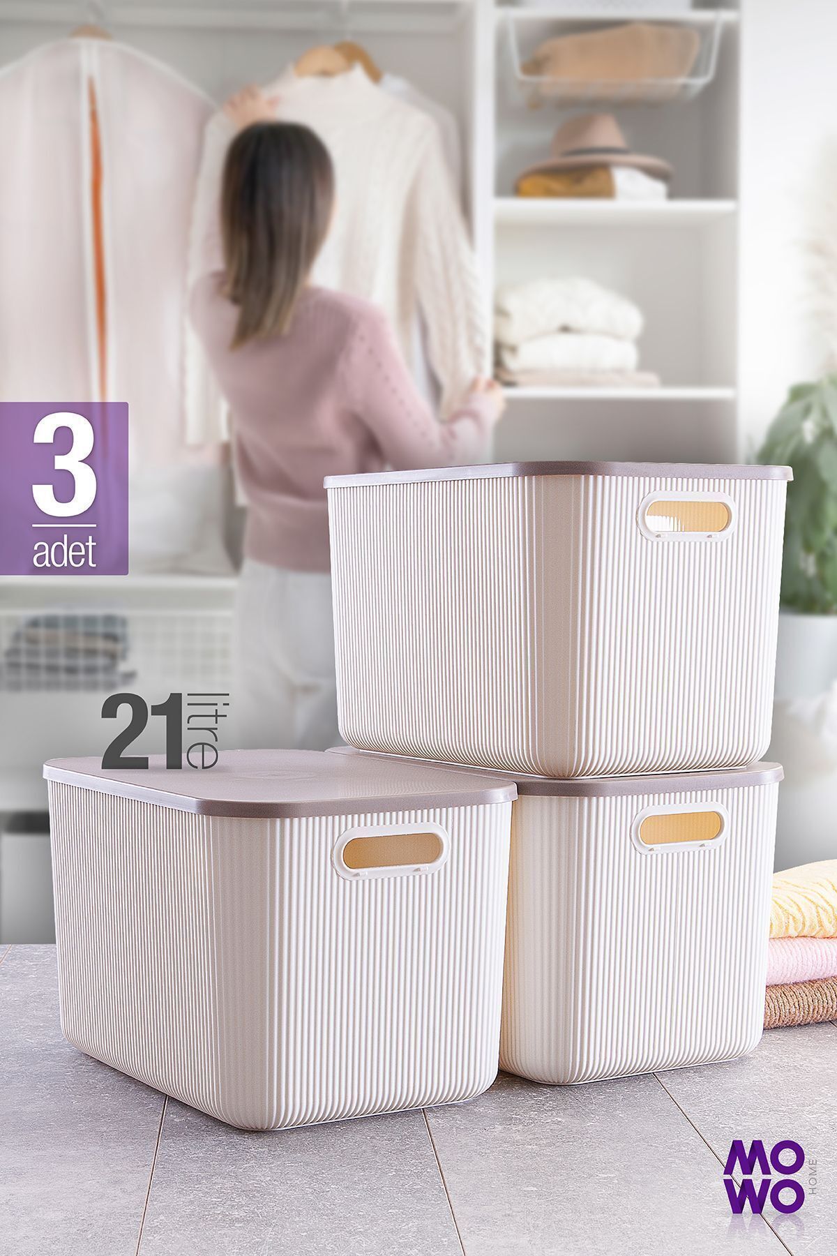 Mowo Home Trove Beyaz 21 Lt Çok Amaçlı Dolap Içi Düzenleyici Bej Kapaklı Kutu, Dekoratif Saklama Kutusu