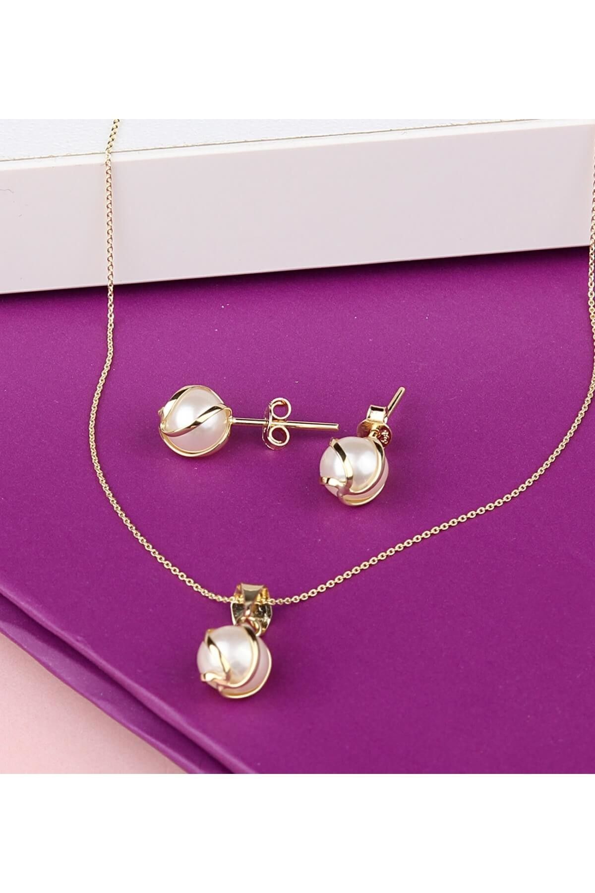 Ejoya 8 Mm Doğal Inci 14 Ayar Altın Küpe Ve Kolye 78606