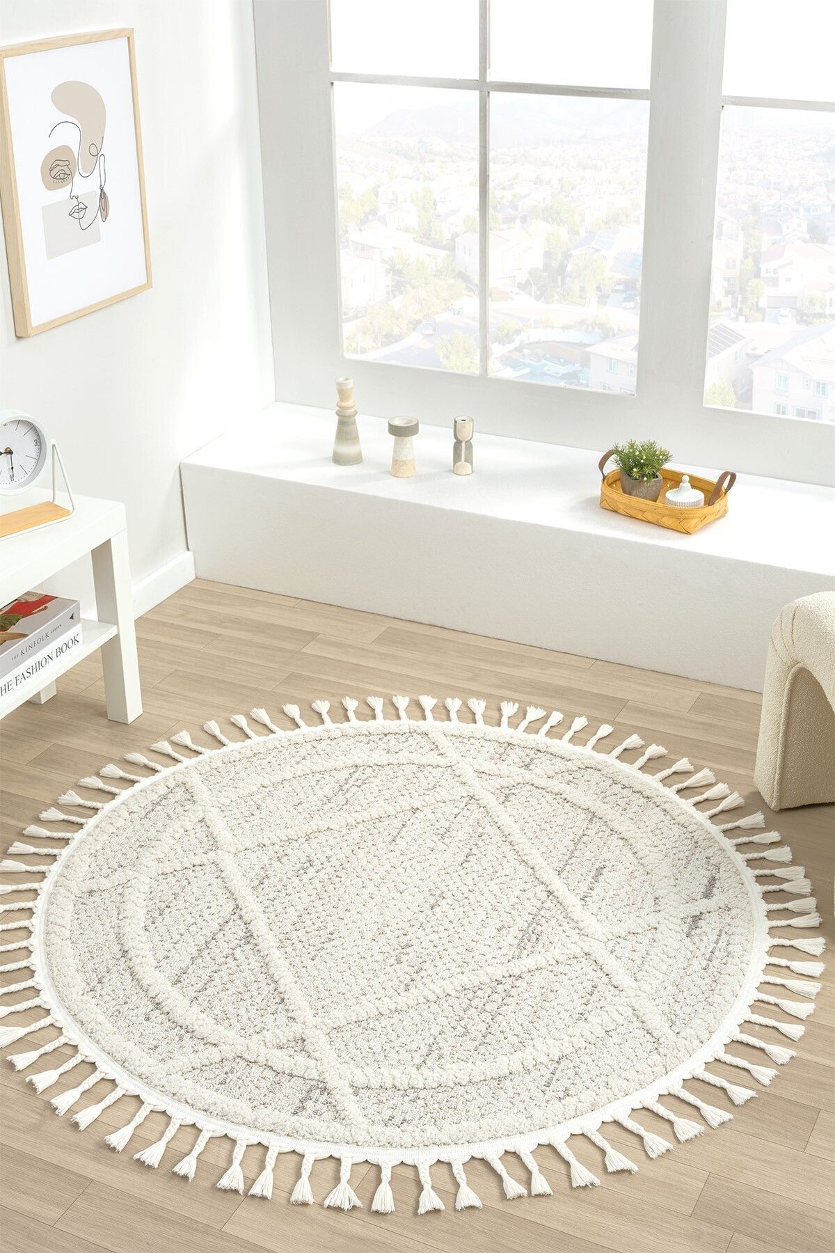 Eliz Home Krem Gri Yuvarlak Halı Püsküllü Dokuma Halı Yolluk Antre Oturma Odası Salon Mutfak Halısı YUVARLAK
