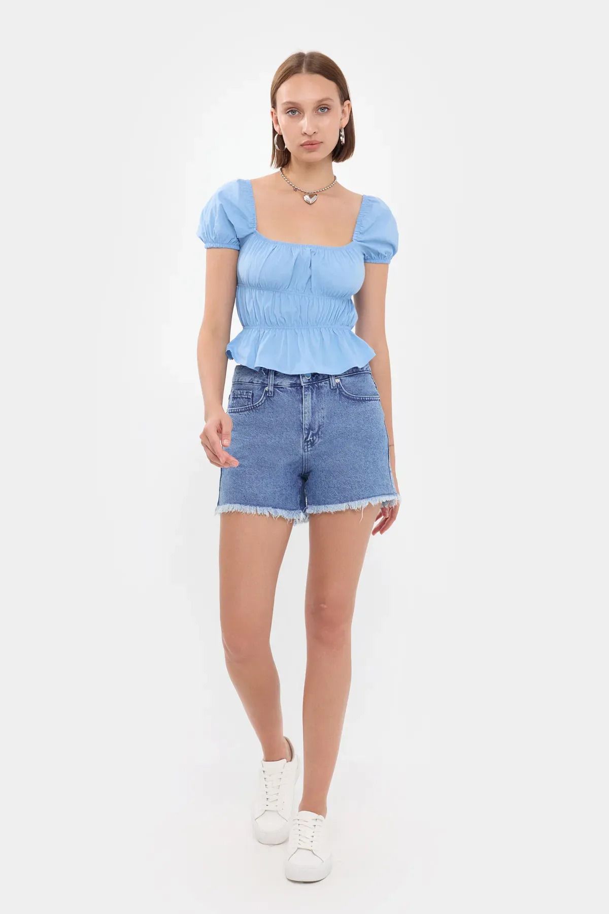 Hiccup Kare Yaka Kısa Kollu Peplum Üst