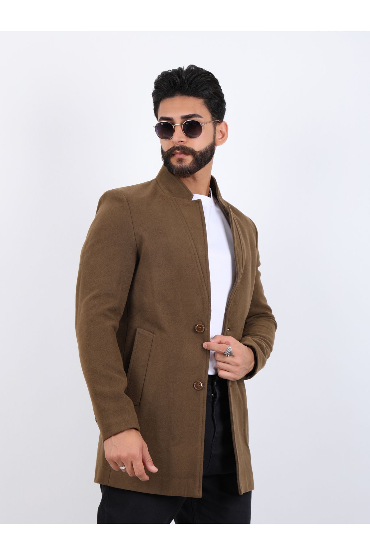 BS BLACK SMOKİN Erkek Kahverengi Slim Fit Dik Yaka Kaşe Kaban