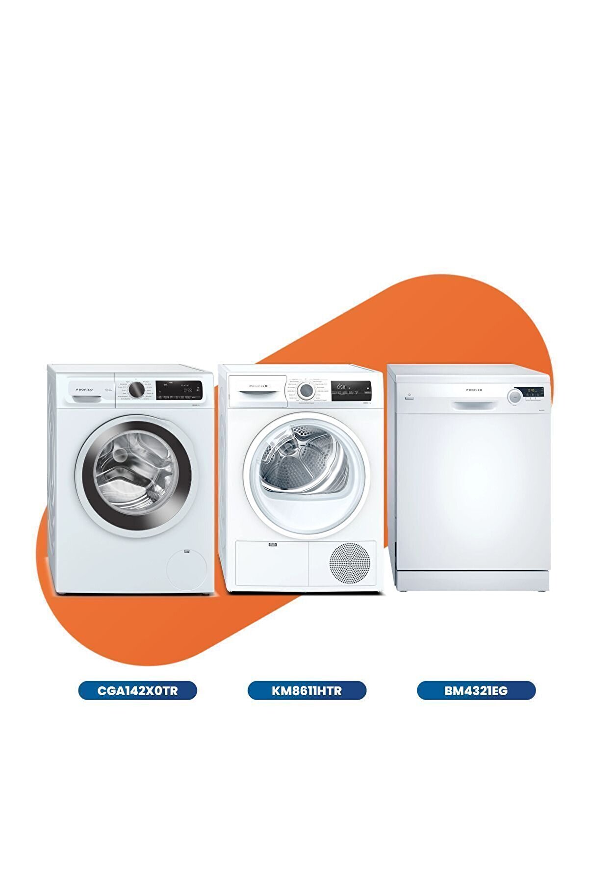 3'lü Beyaz Eşya Seti ( CGA142X0TR Çamaşır Mak., KM8611HTR Kurutma Mak, BM4321EG Bulaşık Mak)