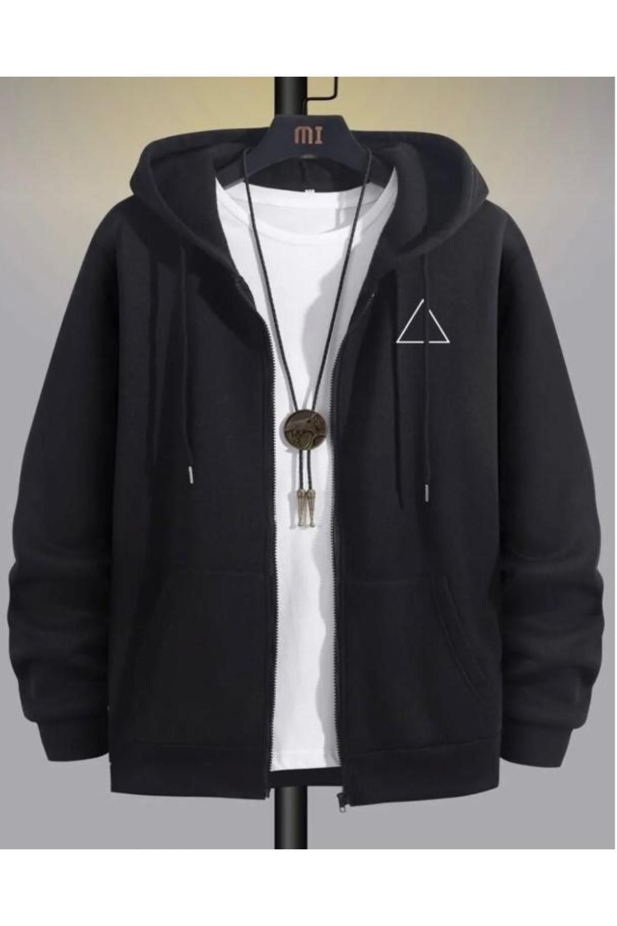 NO 601 Unisex Siyah Üçgen Baskılı Fermuarlı Ceket