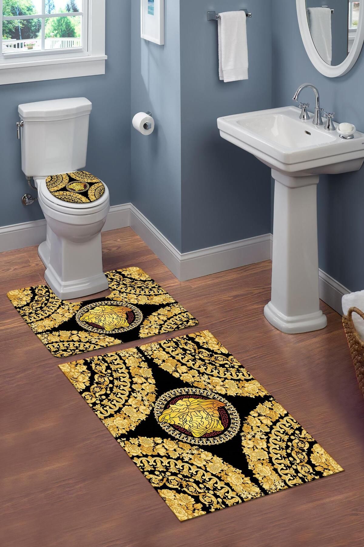 Doruklar Home Collection Yıkanabilir Kaymaz Dot Tabanlı Dekoratif Desenli 3'lü Klozet Takımı Banyo Paspas Seti